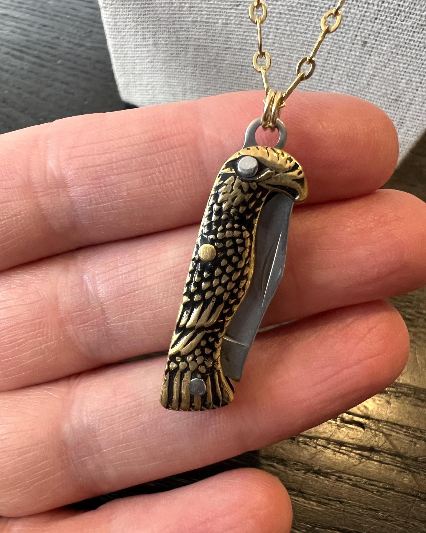 1979 Jewelry Knife Necklace 1.5 inch Eagle on 24kt Gold Plated Chain