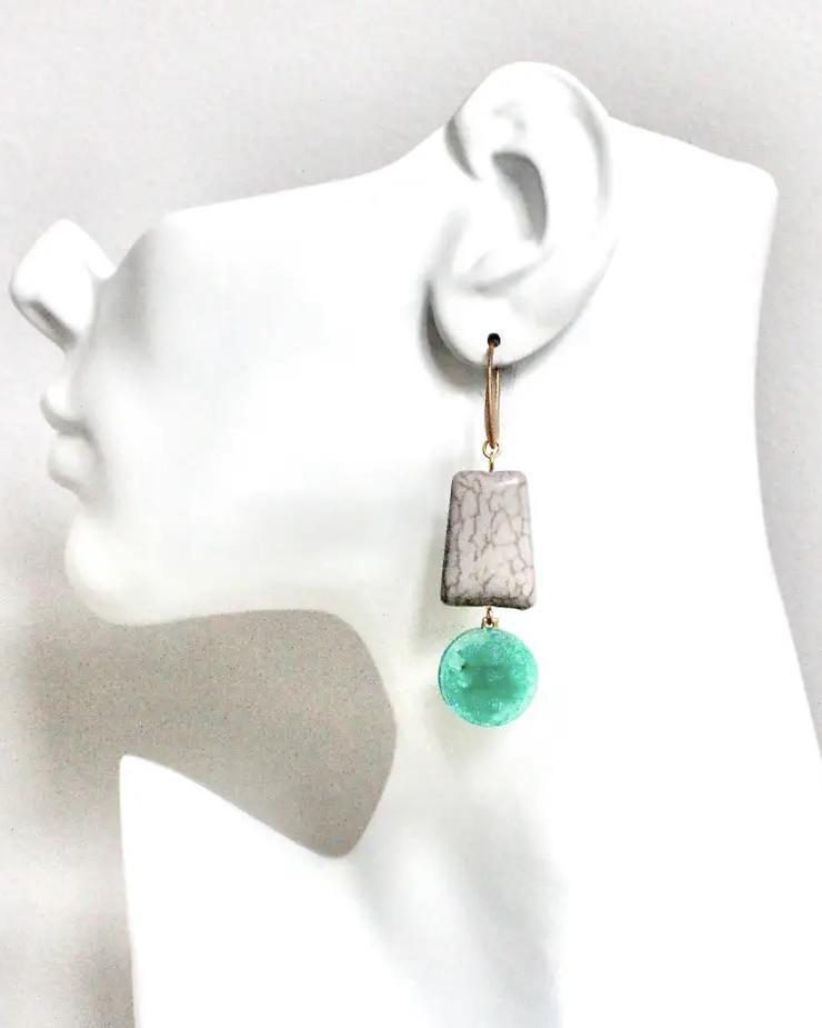 David Aubrey Vintage Green Glass and Grey Magnesite Earrings