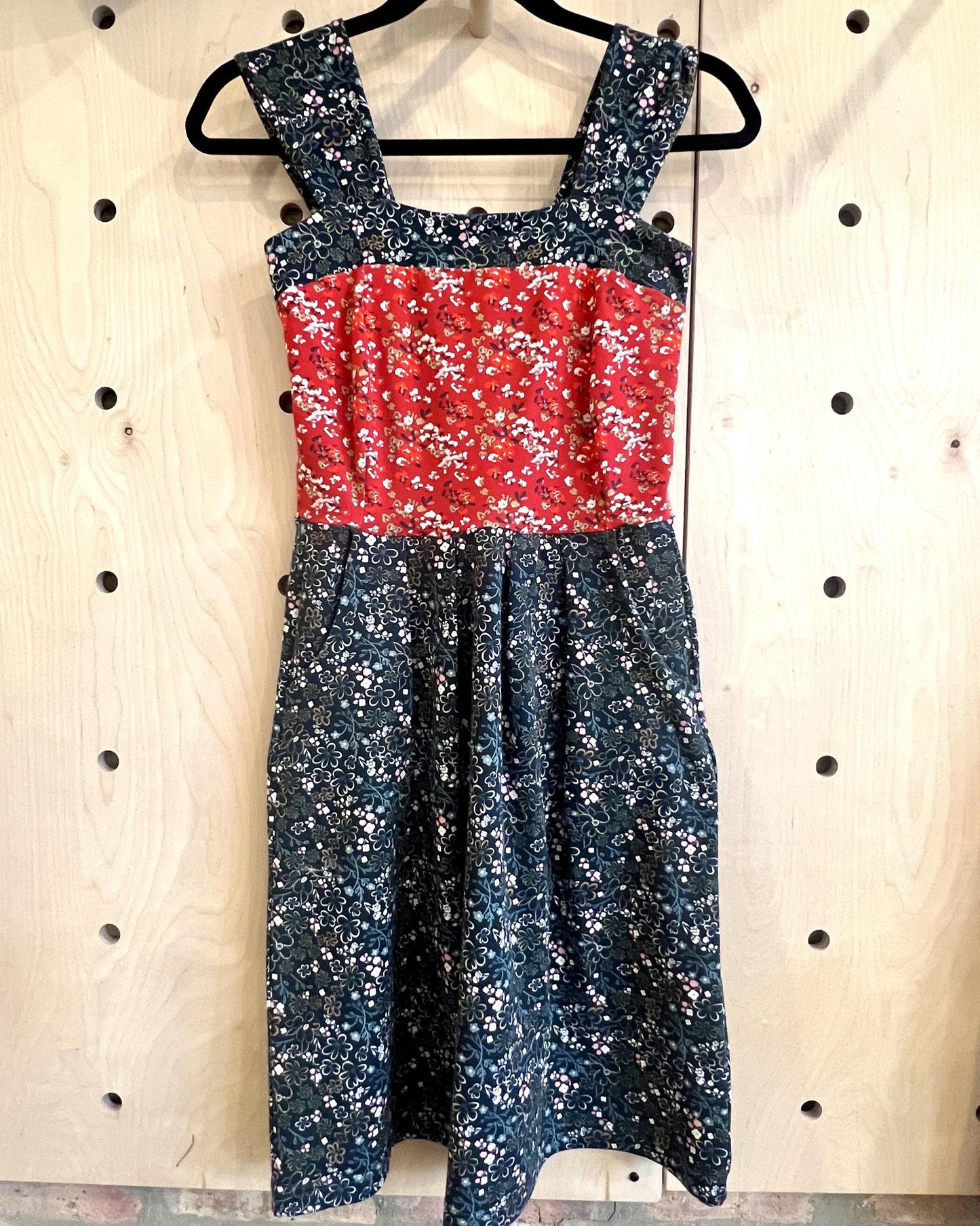 Squasht Wide Strap Dress in Scarlet and Midnight Ditsy Floral Prints