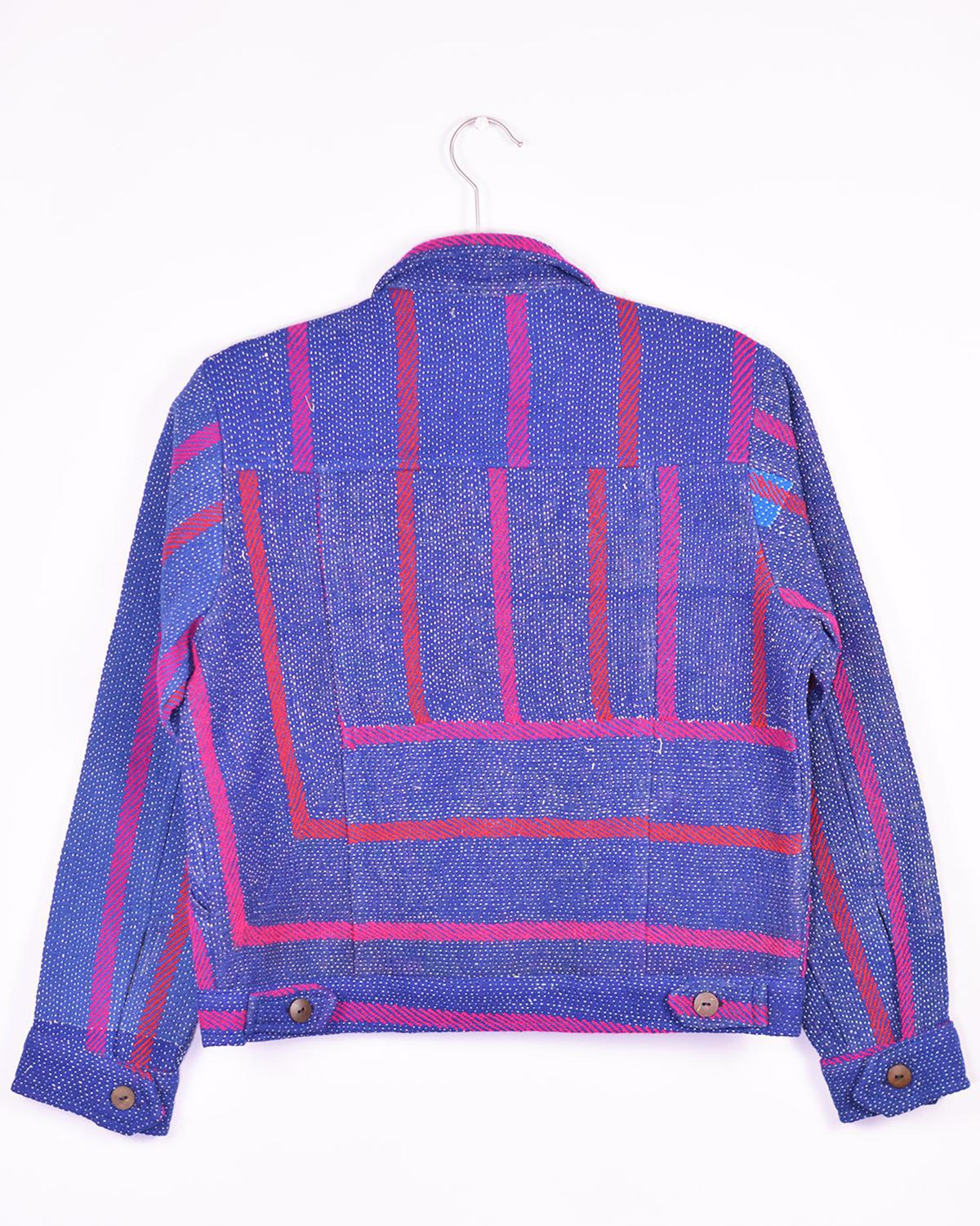 Txtile Alfie Chore Jacket Blue w/ Pink Embroidery Size Medium - Quilted Patchwork Kantha Jacket