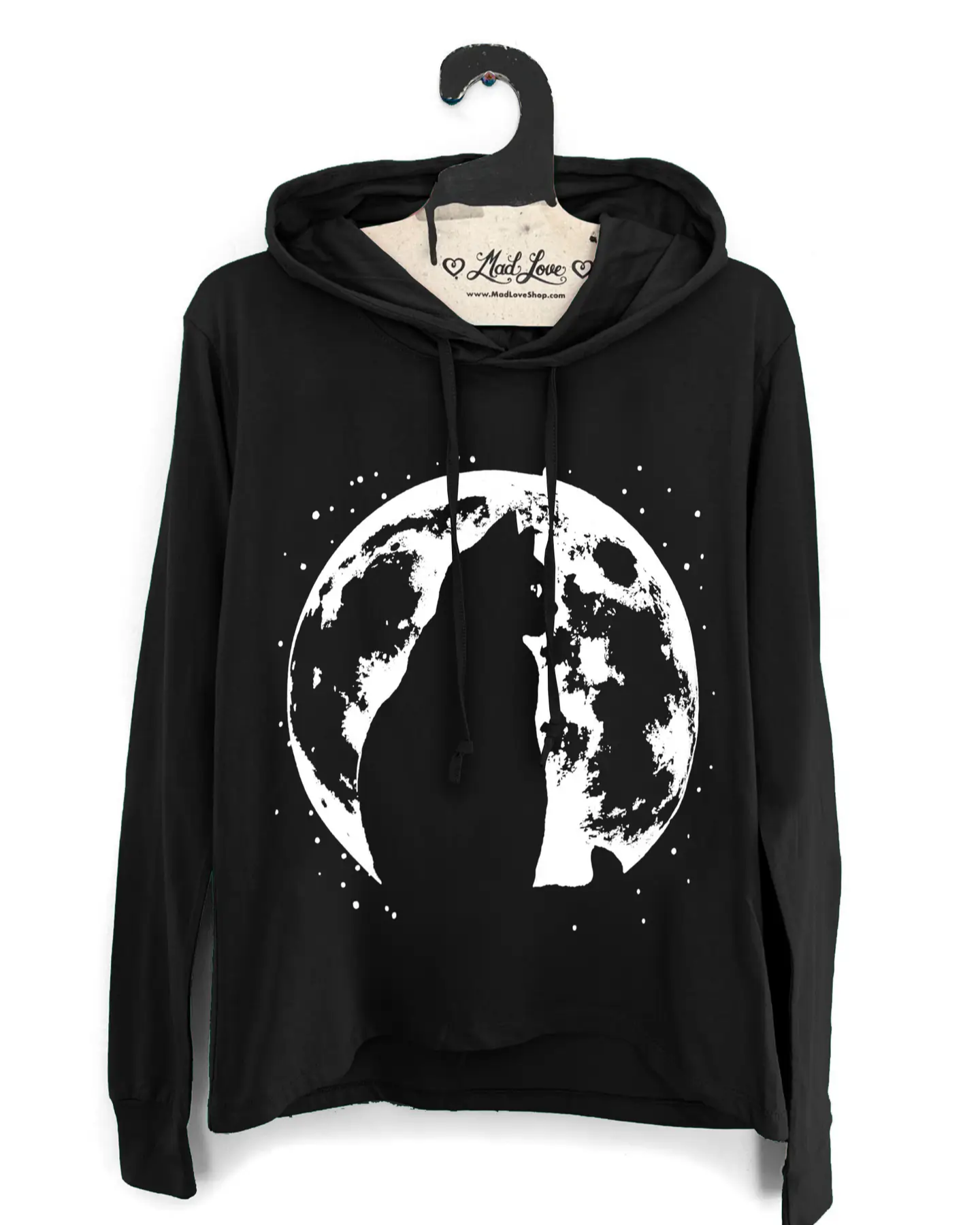 Mad Love Black Longsleeve Hooded Tee with Cat Moon