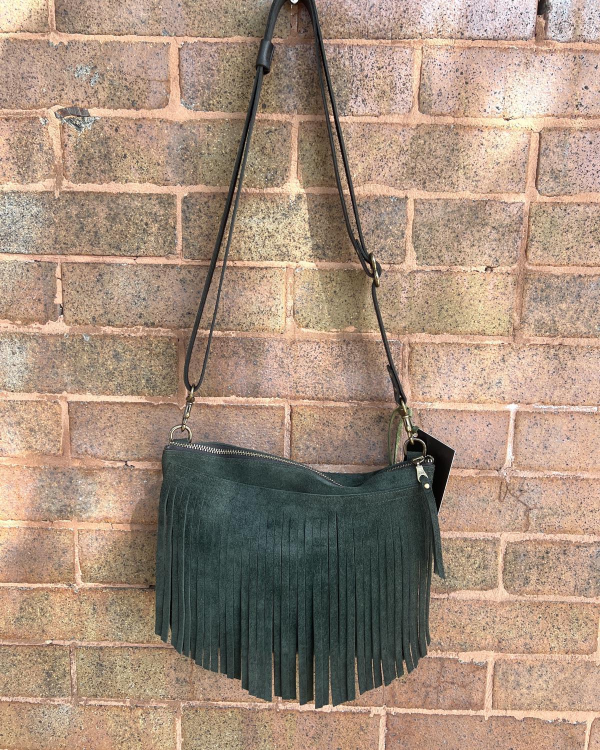 Vallente Leather Fringe Handbag in Forest Green