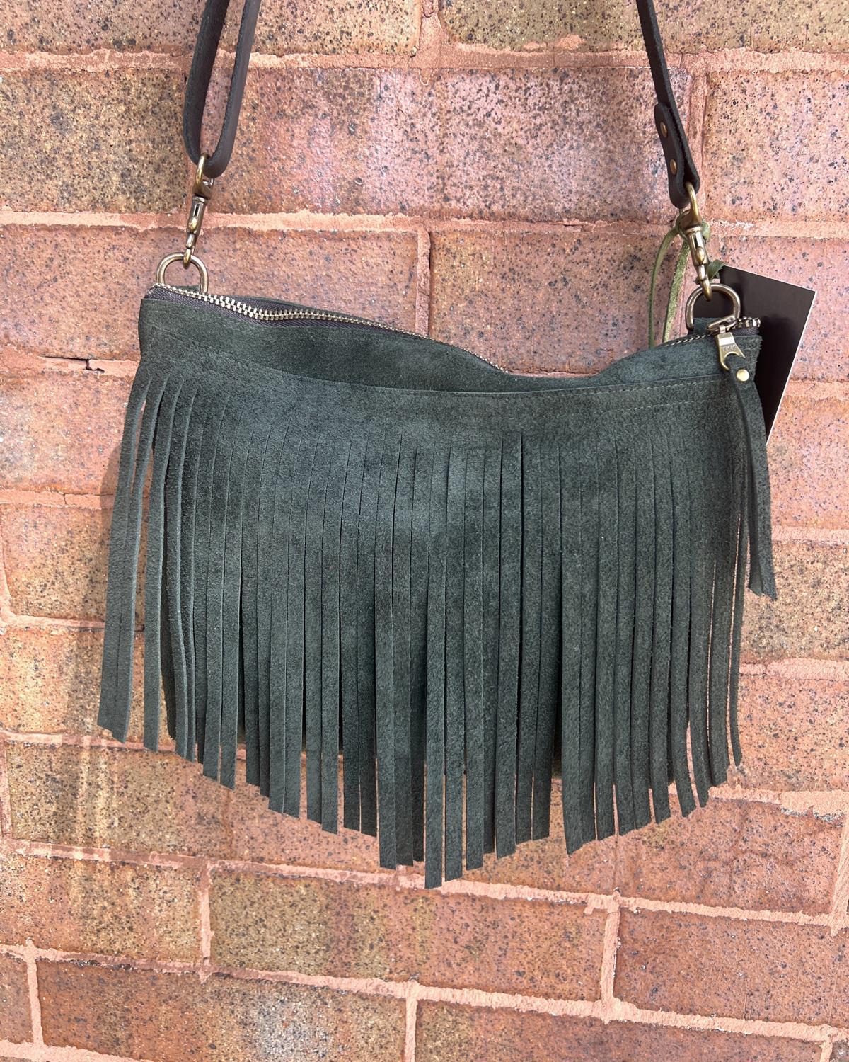 Vallente Leather Fringe Handbag in Forest Green