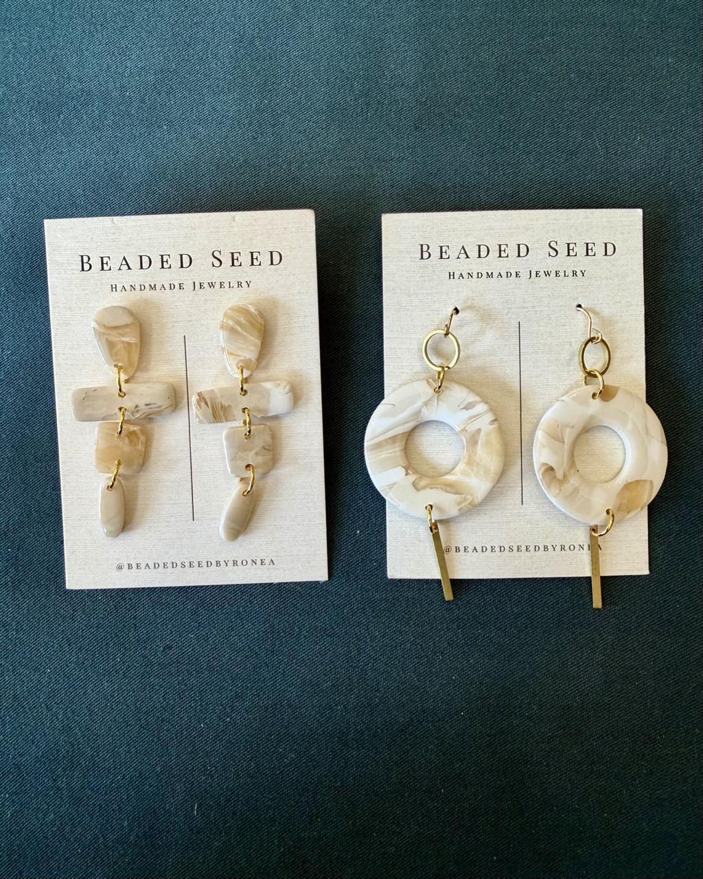 Beaded Seed by Ronea Marbled White Dangle Stud Earrings