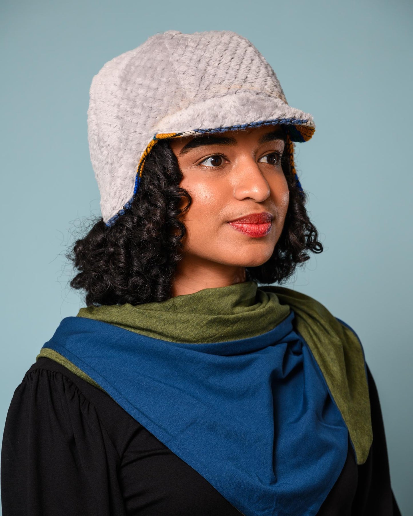 Squasht Darby Earflap Hat in Textured Blue & Gold & White Stripes