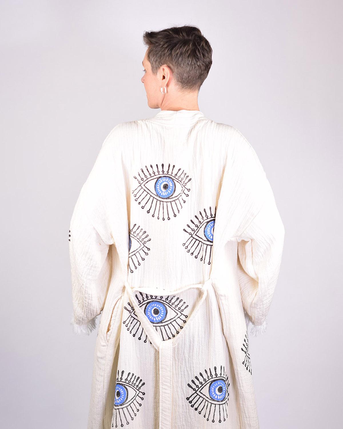 Txtile Luxury Turkish Cotton Evil Eye Kimono/Robe - Cream with Blue Eyes