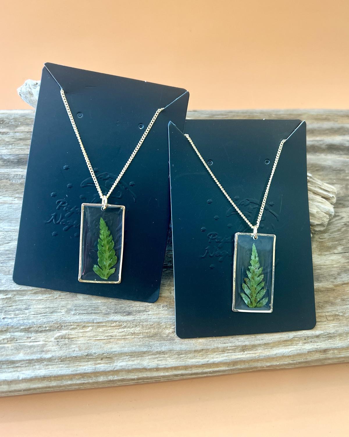 Pajaro Negro 18k Gold Fill Fern in Resin Pendant Necklace