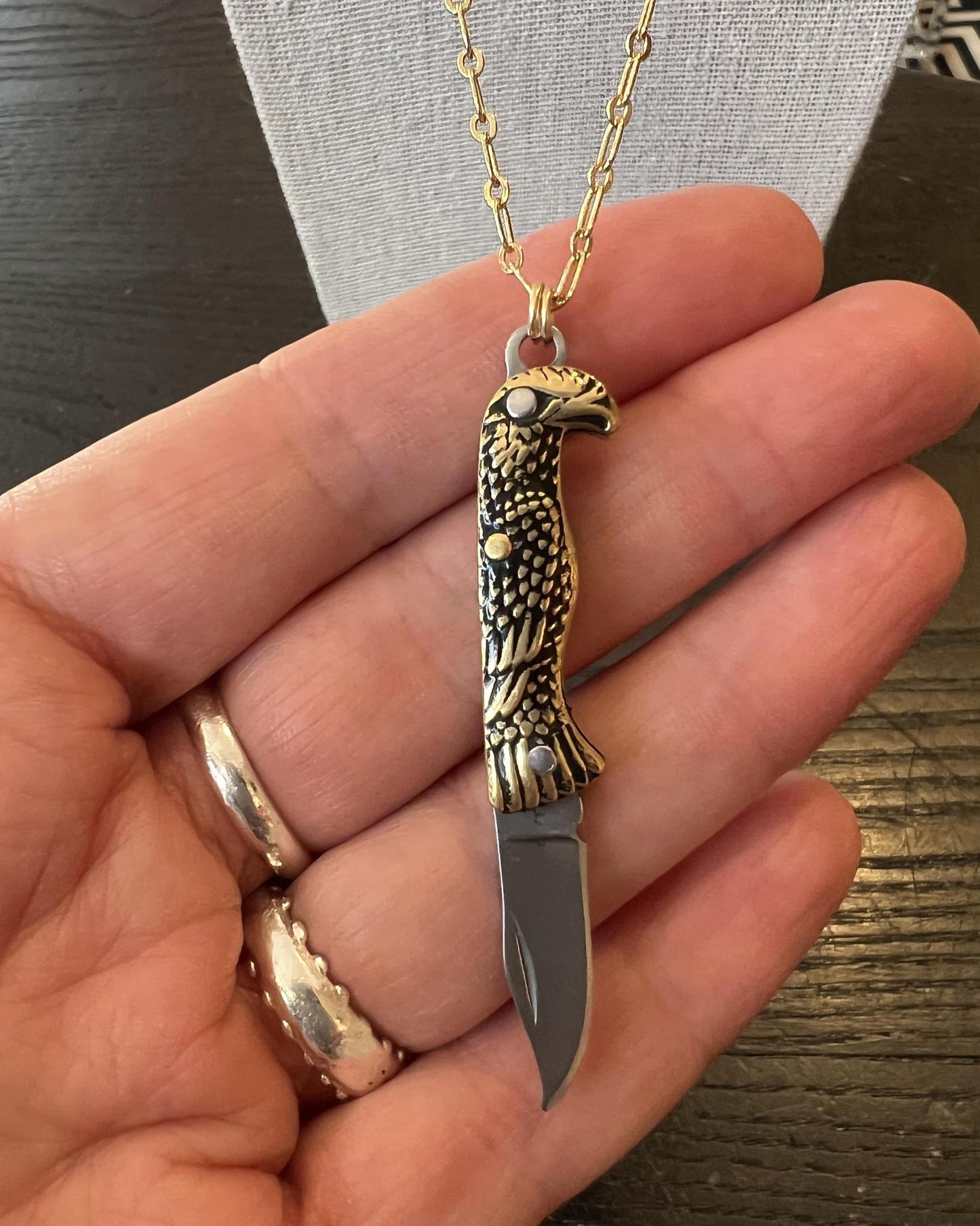 1979 Jewelry Knife Necklace 1.5 inch Eagle on 24kt Gold Plated Chain