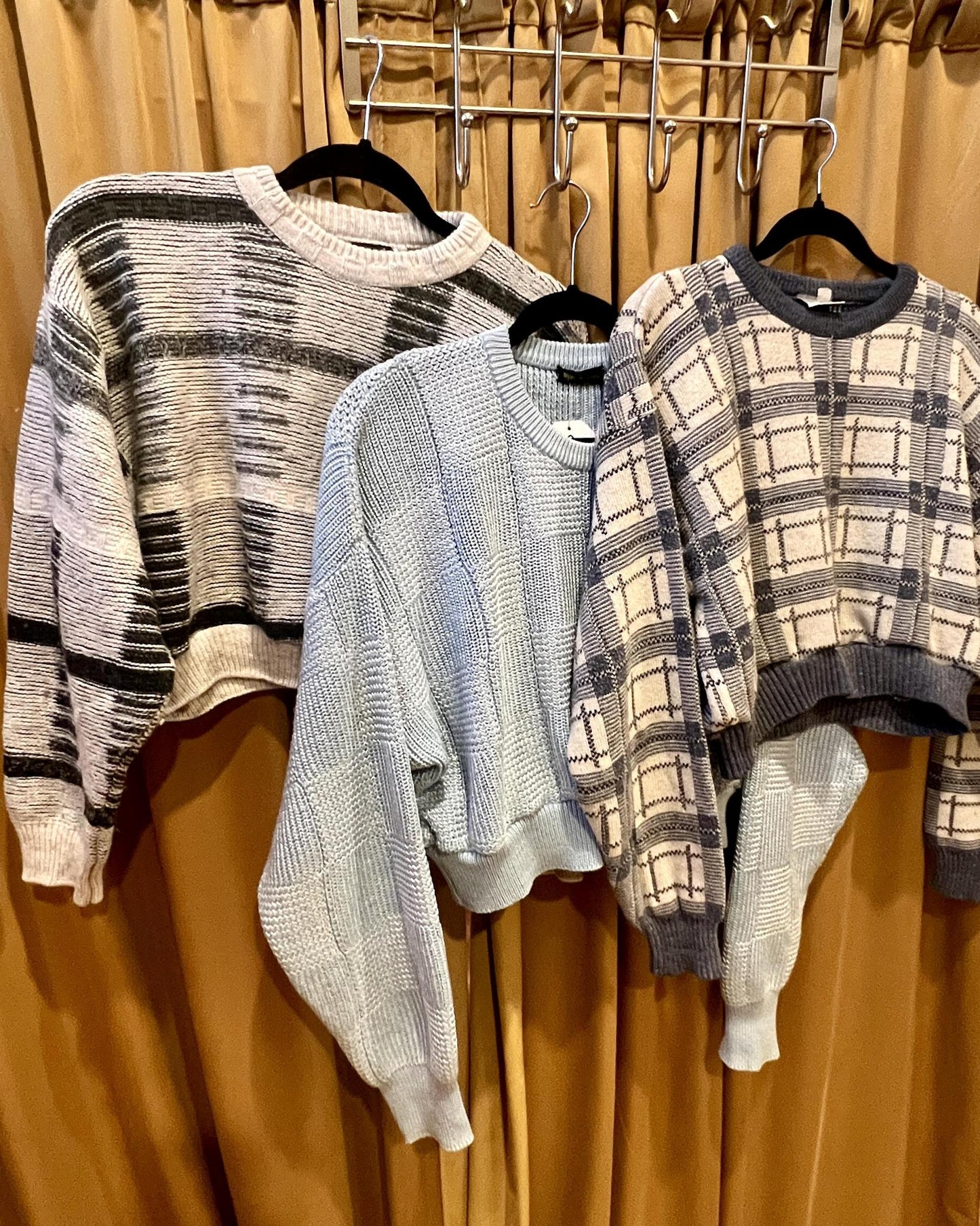 American Recycled Clothing - Crop Knit Sweater - Powder Blue Subtle Squares