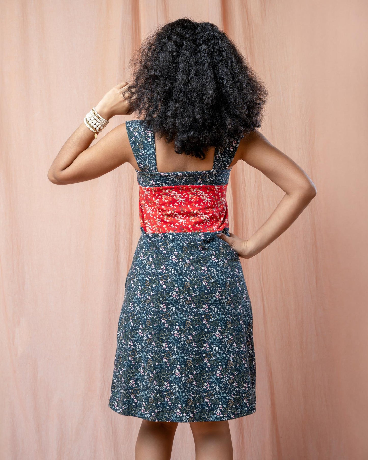 Squasht Wide Strap Dress in Scarlet and Midnight Ditsy Floral Prints