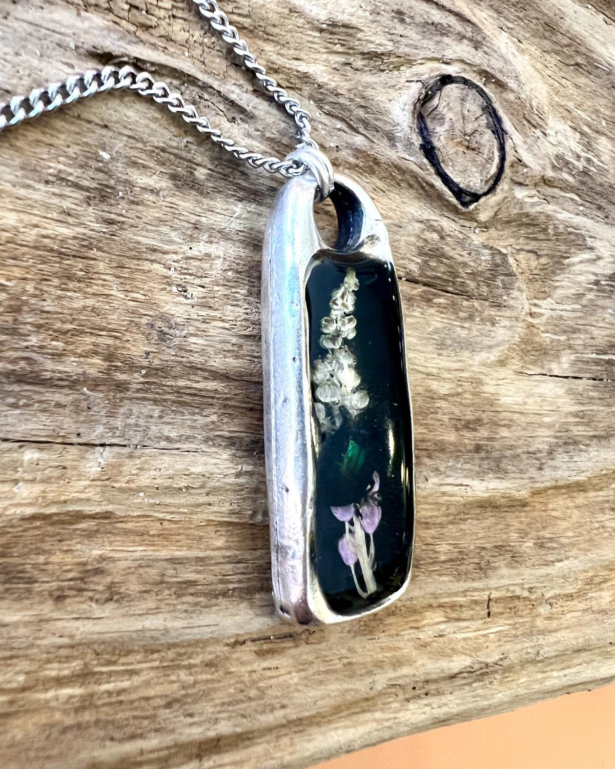 Pajaro Negro Long Silver Rectangle Beetle and Flora Pendant Necklace