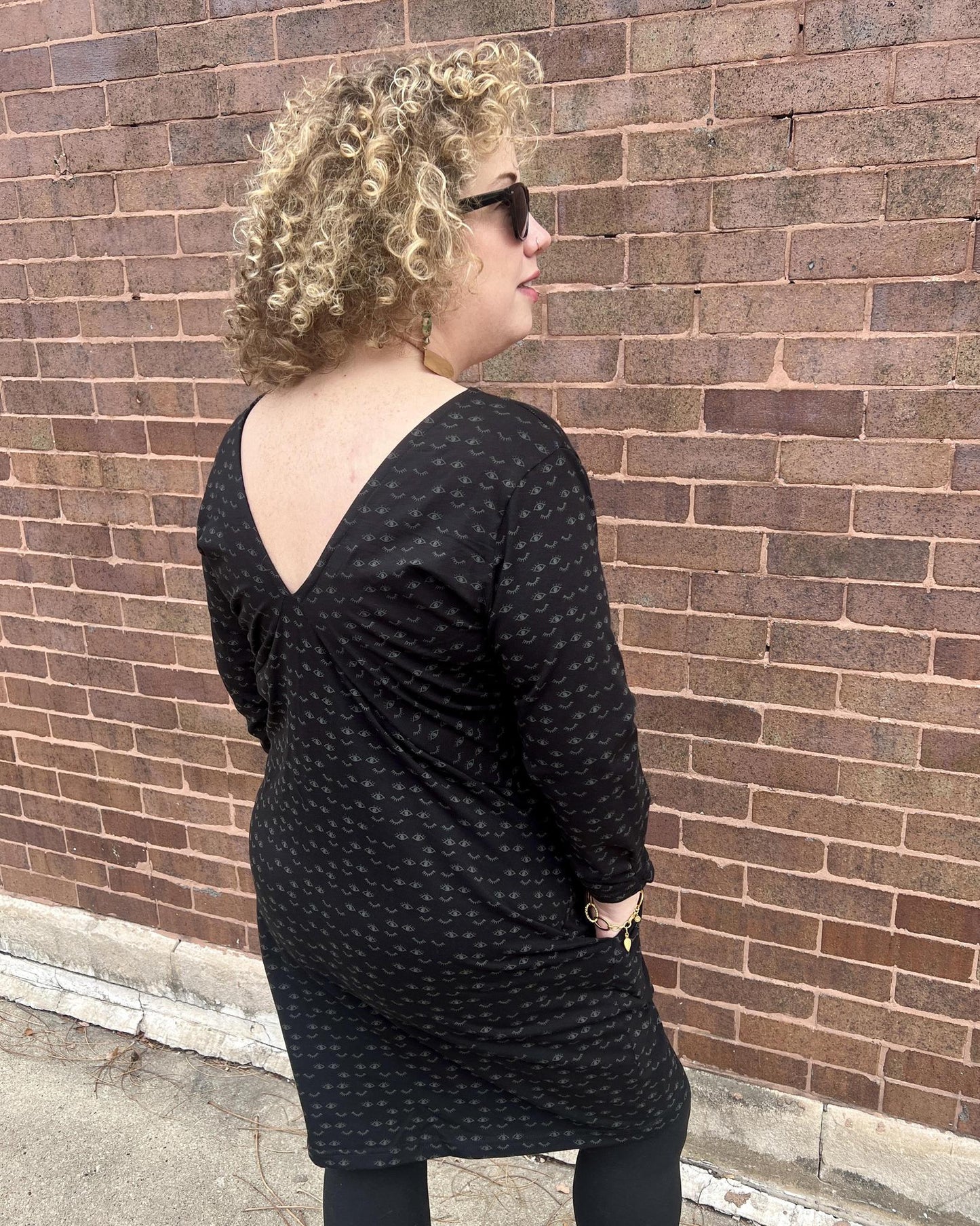 Squasht Drea Draped Dress in Dreamy Eyes Print with Avocado Vintage Trim