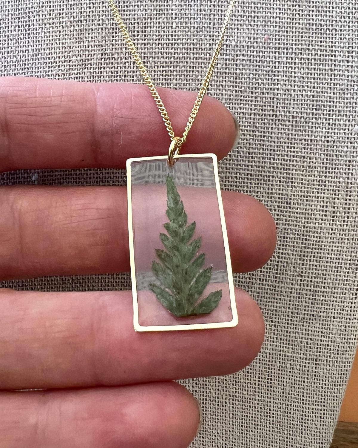 Pajaro Negro 18k Gold Fill Fern in Resin Pendant Necklace