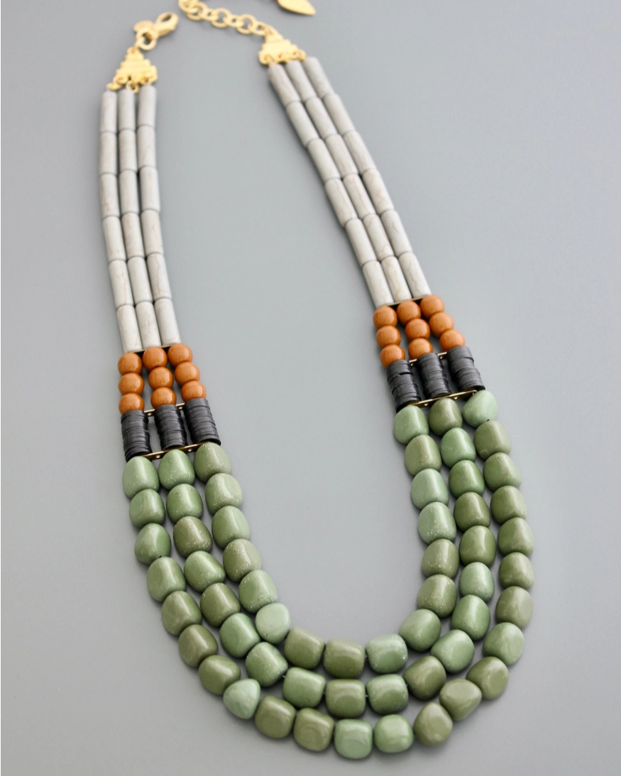 David Aubrey Triple Strand Necklace in Gray & Green