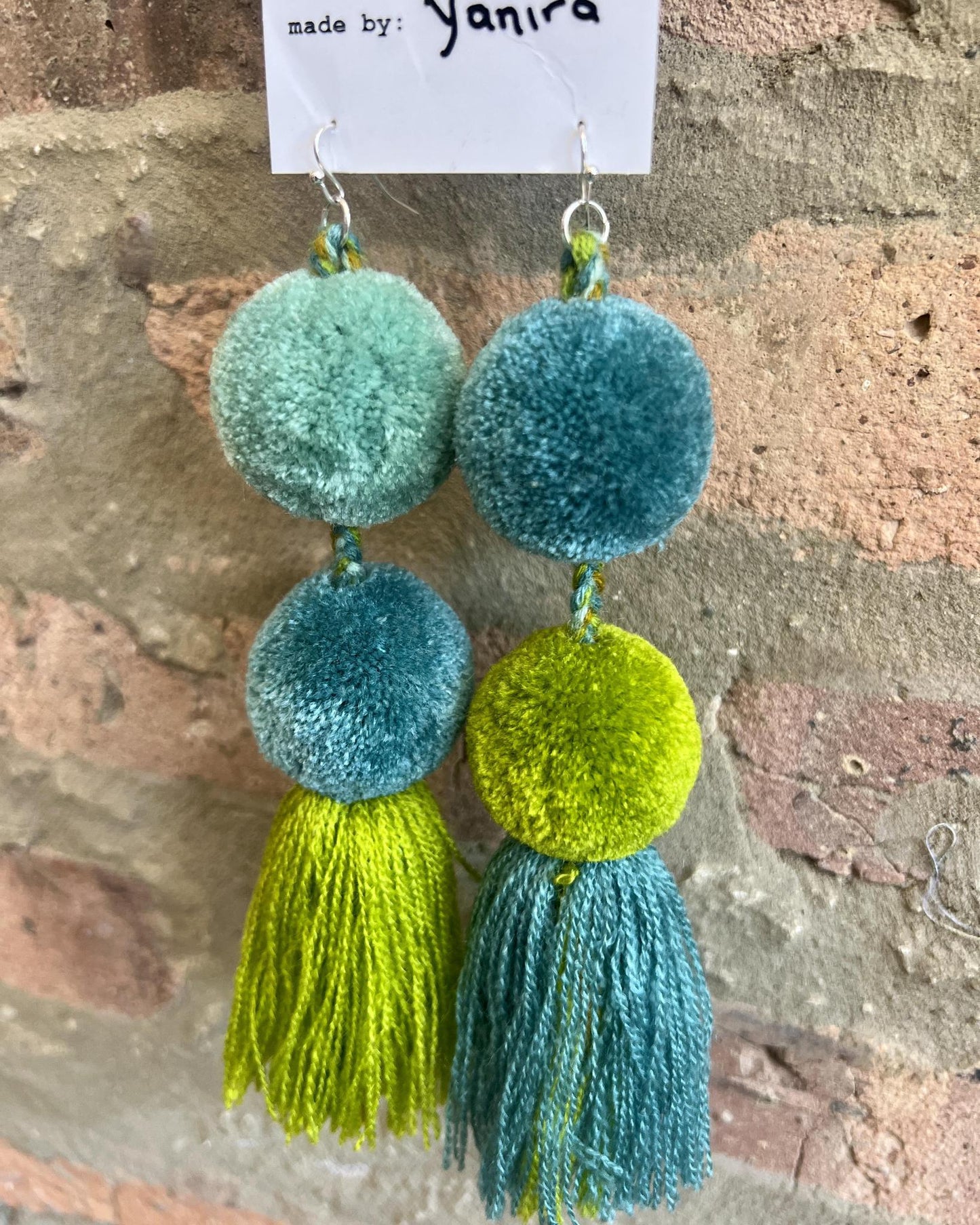 SWIETstuff Extra Large Pom Pom Earrings Shades of Blue & Green