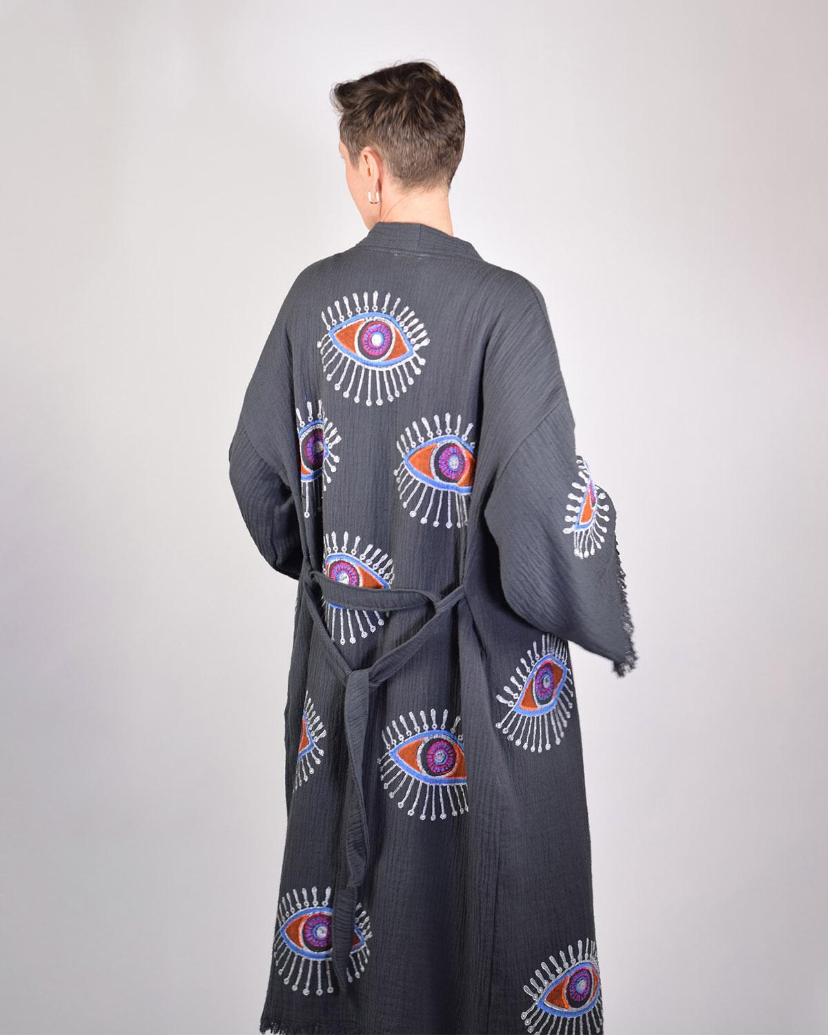 Txtile Luxury Turkish Cotton Evil Eye Kimono/Robe - Moonstone (Charcoal Gray)