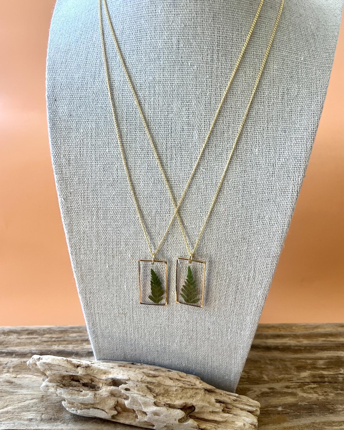 Pajaro Negro 18k Gold Fill Fern in Resin Pendant Necklace