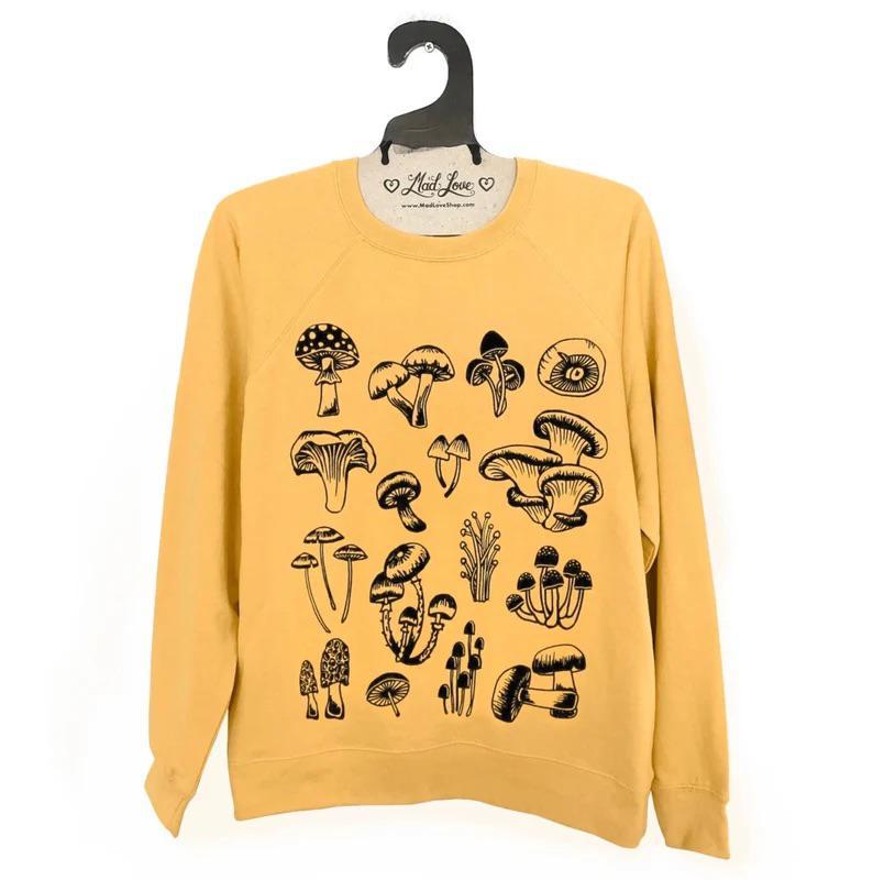 Mad Love Unisex Light Mustard Gold French Terry Sweatshirt with Mushrooms - Size Small