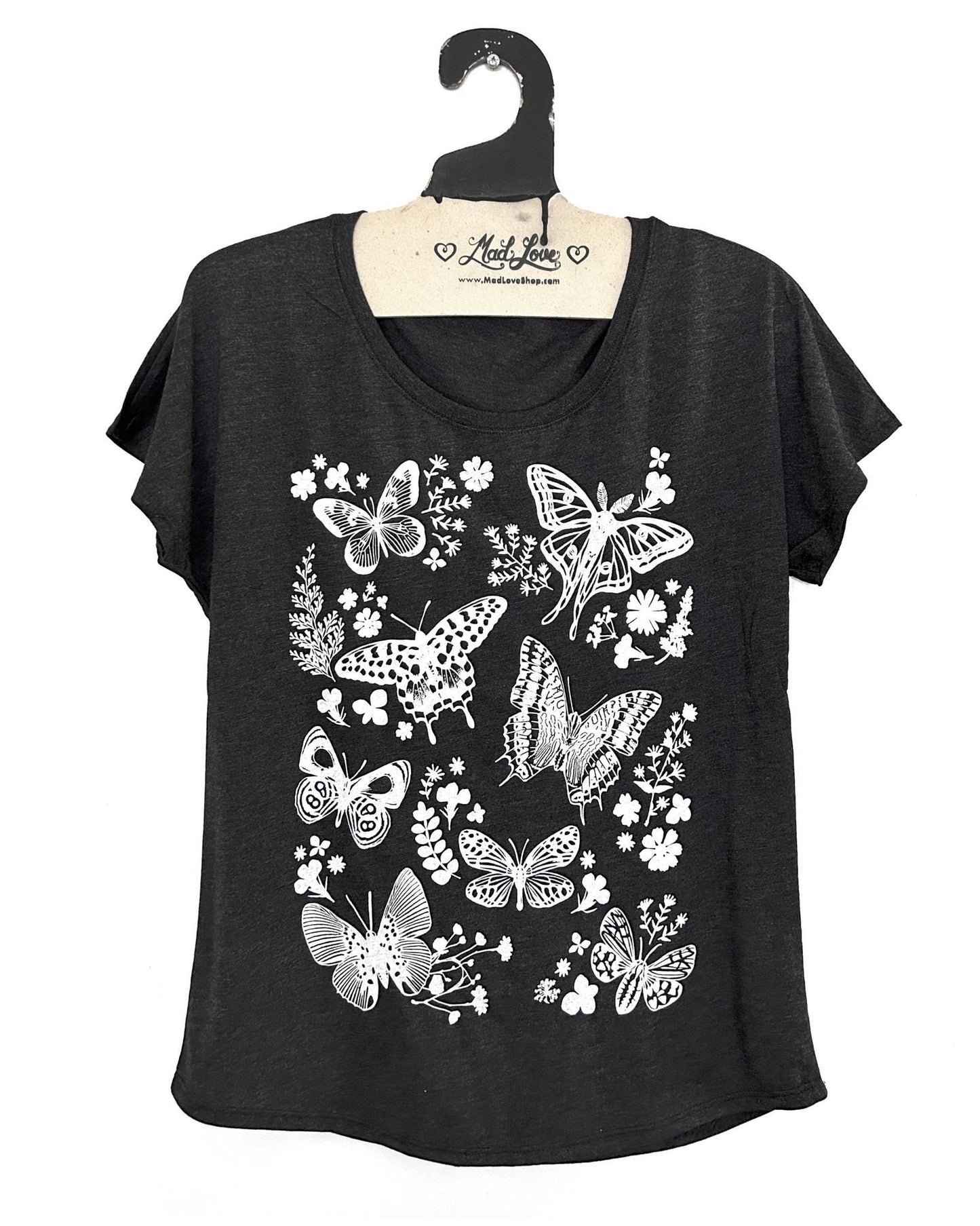 Mad Love Black Dolman Top with Moths & Butterflies - size Small