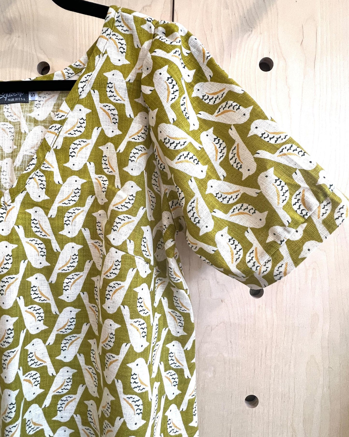 Squasht Winifred Dress Chartreuse Cotton Poplin Birds Print 🦜