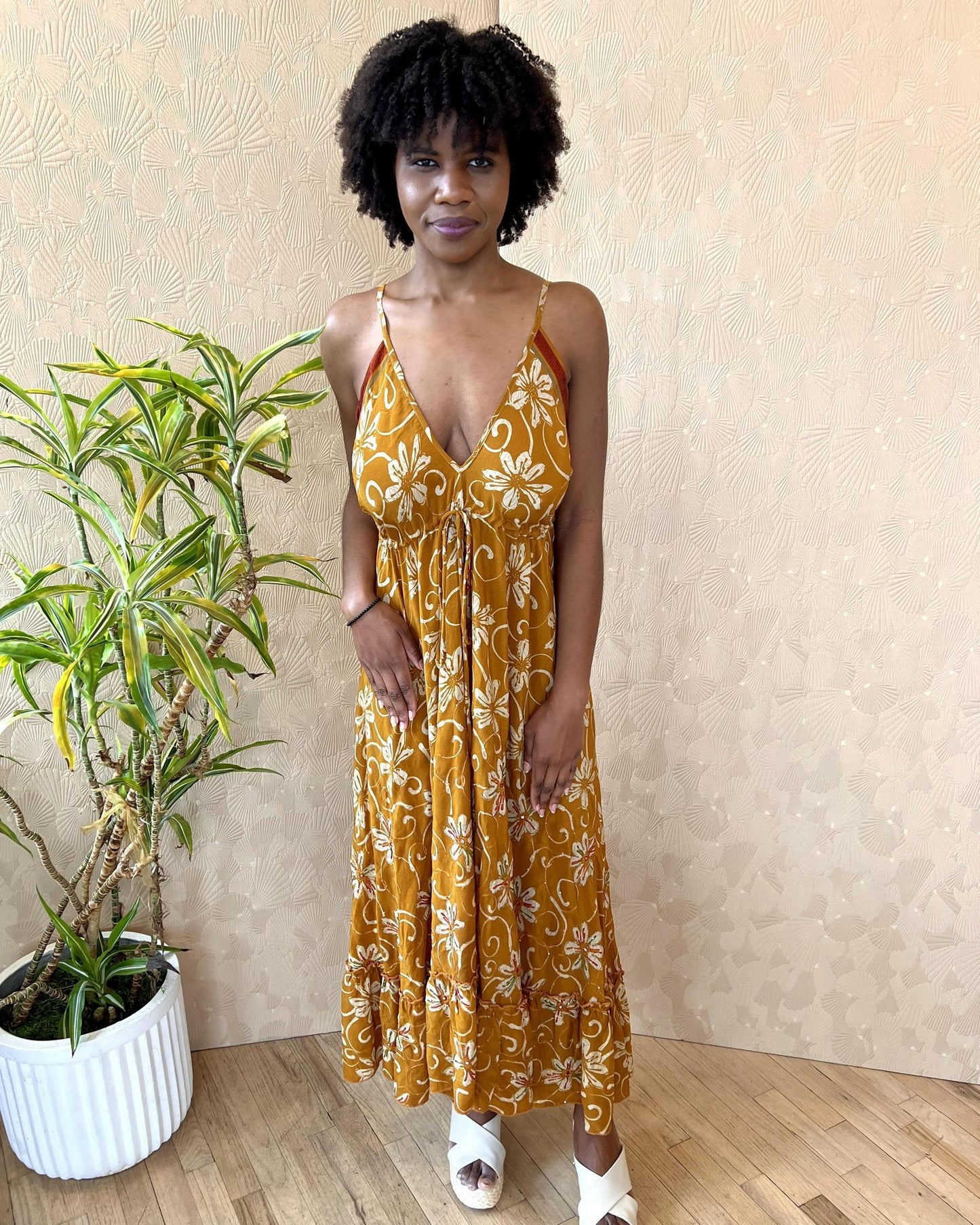 Indie Ella Harlow Strappy Silk Dress in Warm Ochre Floral