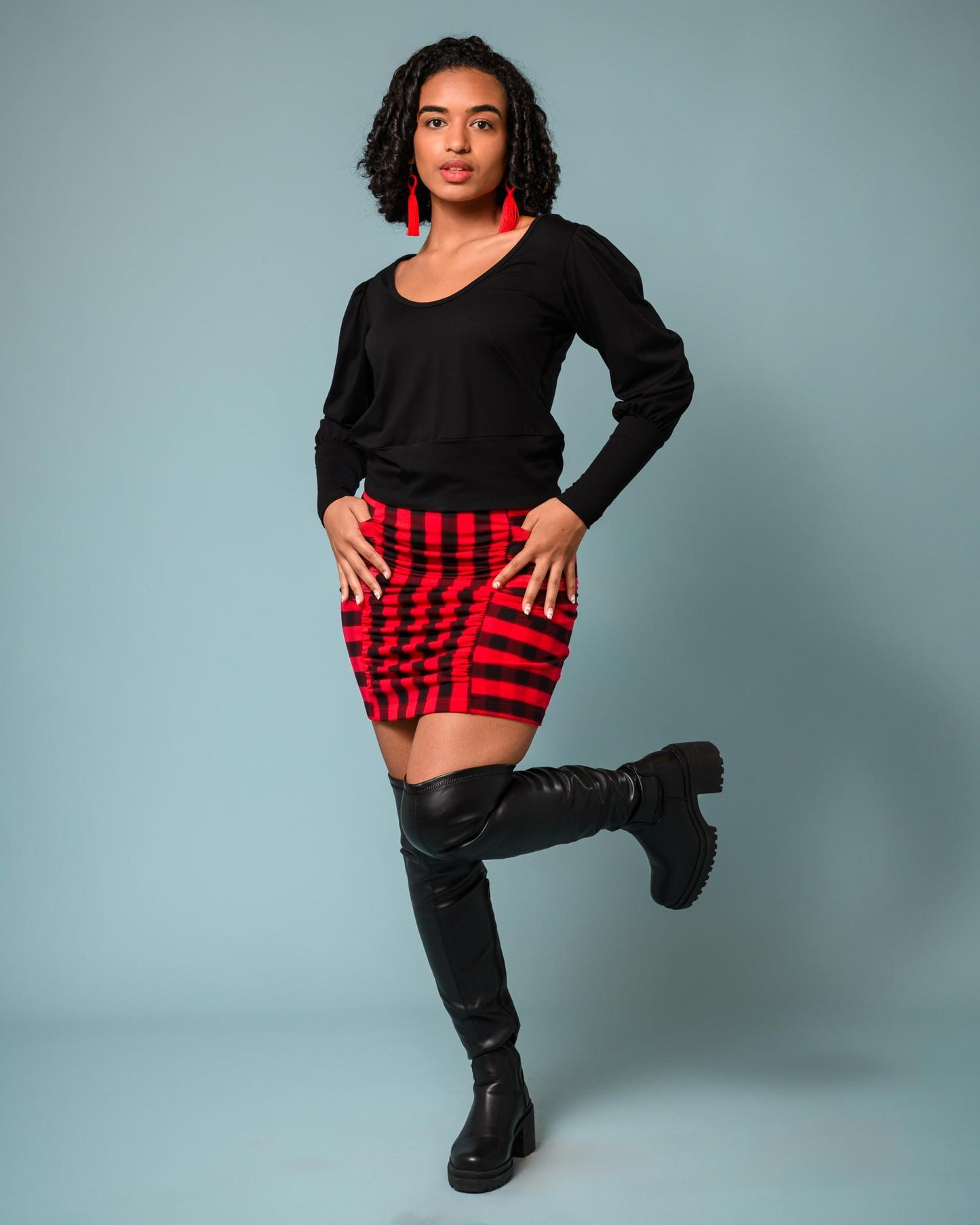 Squasht Ruched Mini Skirt In Red and Black Lumberjack Plaid - Size Small - SALE