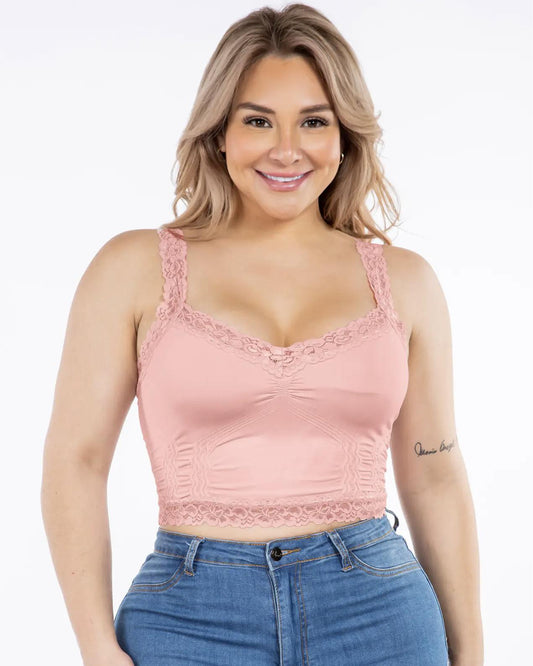 M Rena Plus Size Seamless Crop Cami Corset Look with Lace in Bridal Rose