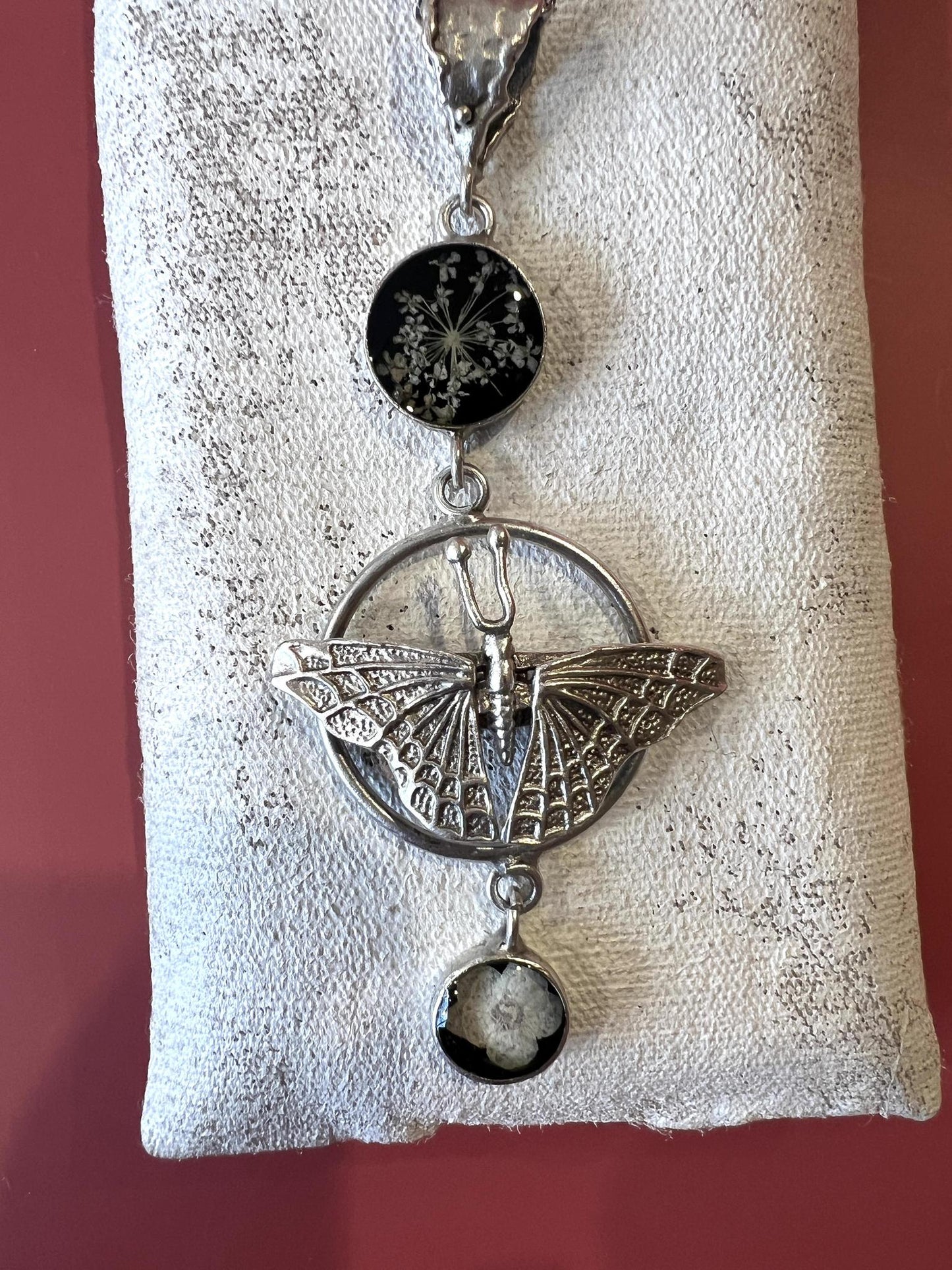 Pajaro Negro Butterfly and Floral Necklace in a Wax Sealed Box