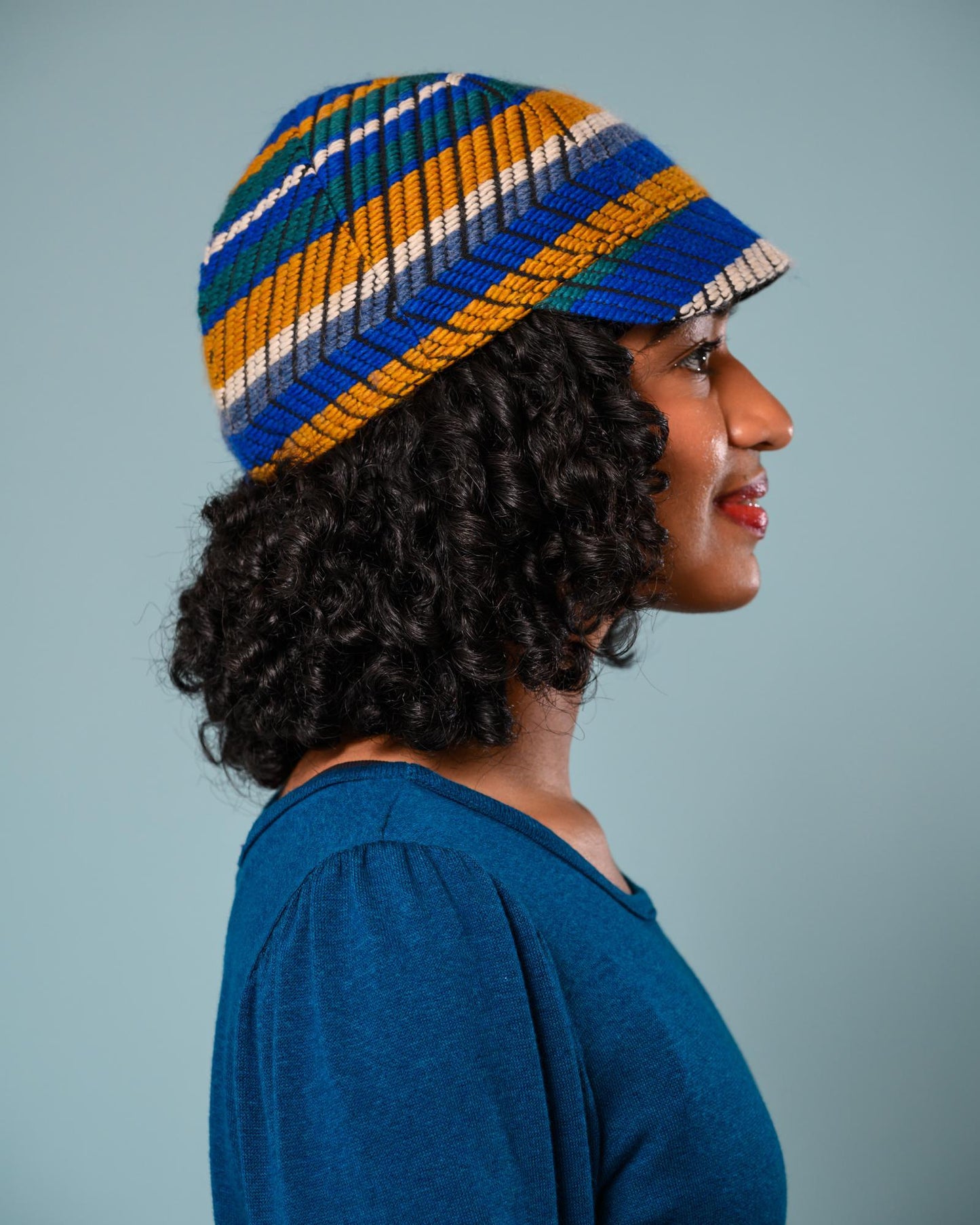Squasht Reversible Bella Hat in Textured Blue & Gold & White Stripes
