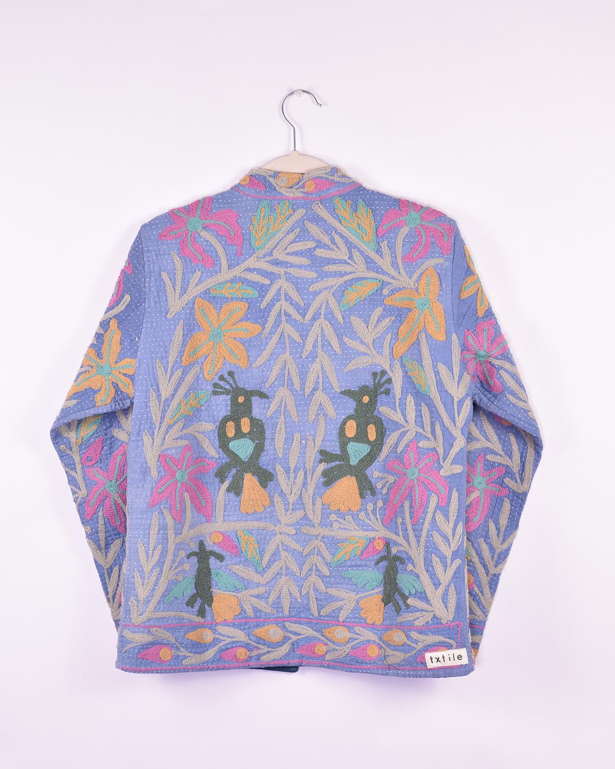 Txtile Billie Quilted Reversible Patchwork Kantha Jacket - Size Small - Periwinkle Embroidery with Birds & Flowers