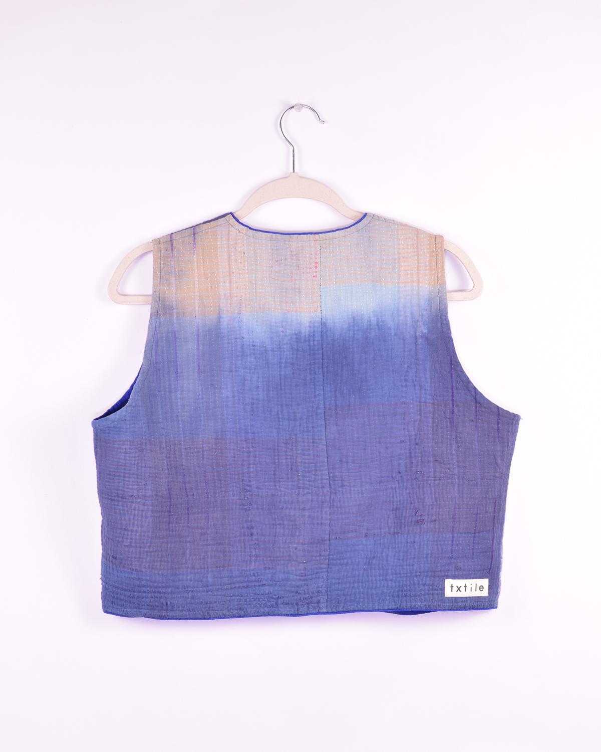 Txtile Maddie Quilted Reversible Patchwork Kantha Quilt Vest in Blue Watercolor