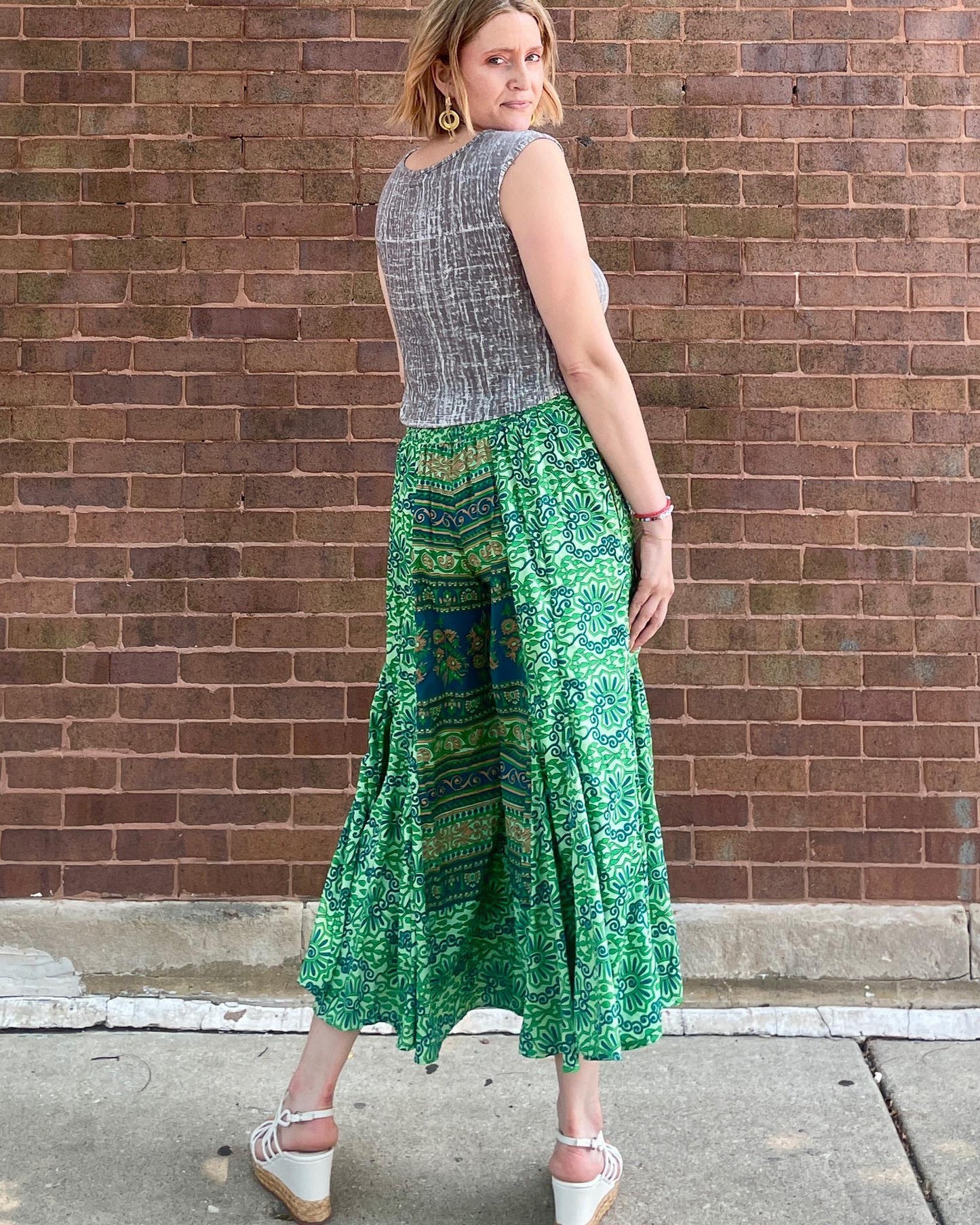 Indie Ella Marlee Bohemian Silk Flared Pants In Mint Green - Size Medium/Large
