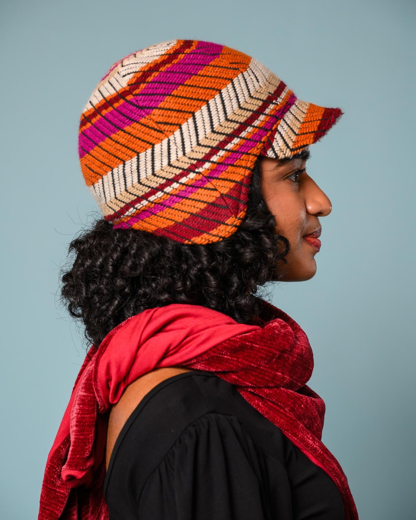 Squasht Darby Earflap Hat in Textured Burgundy & Orange & Fuchsia Stripes