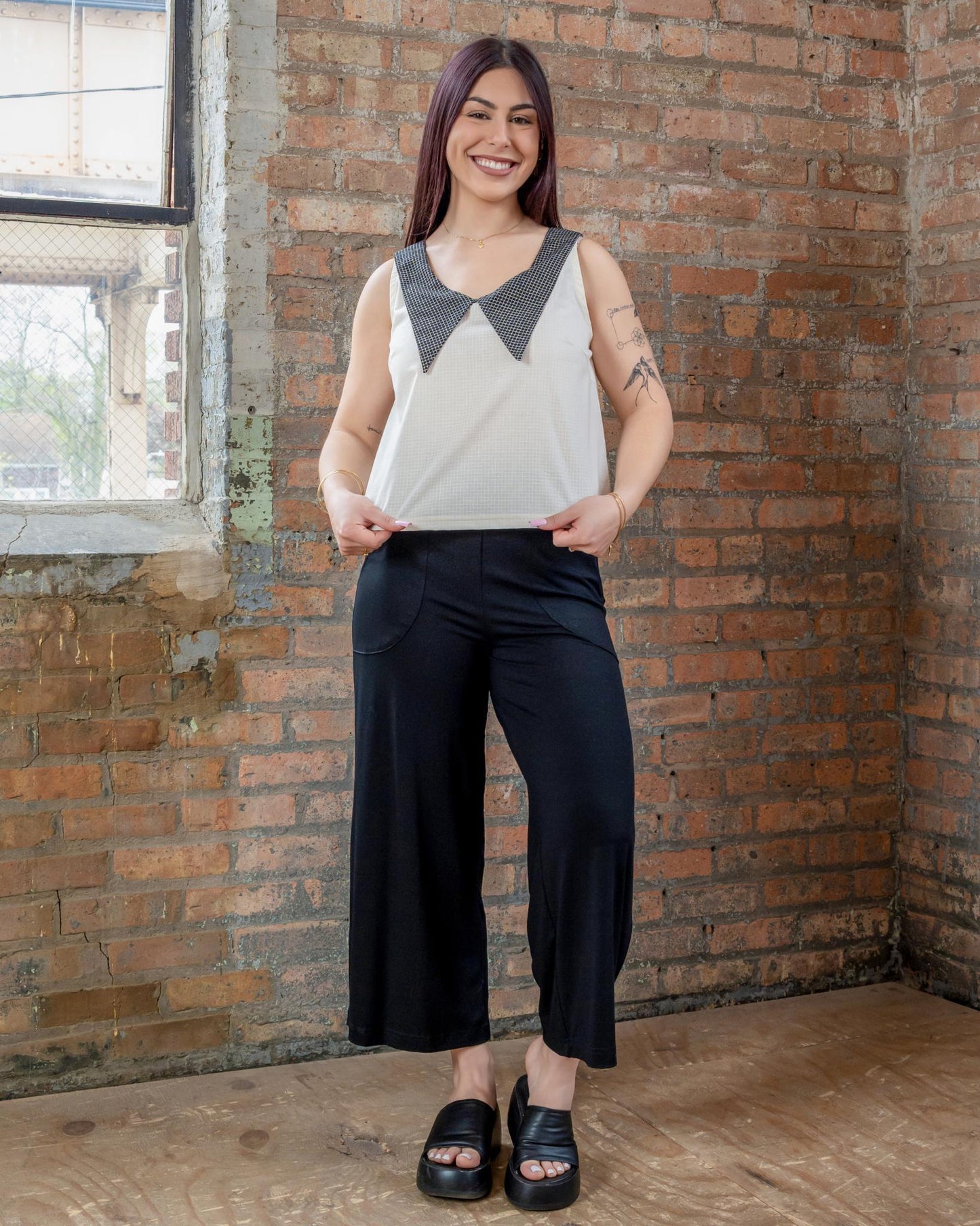 Squasht 70s Collared Tank in White Grid Print with Black Grid Collar