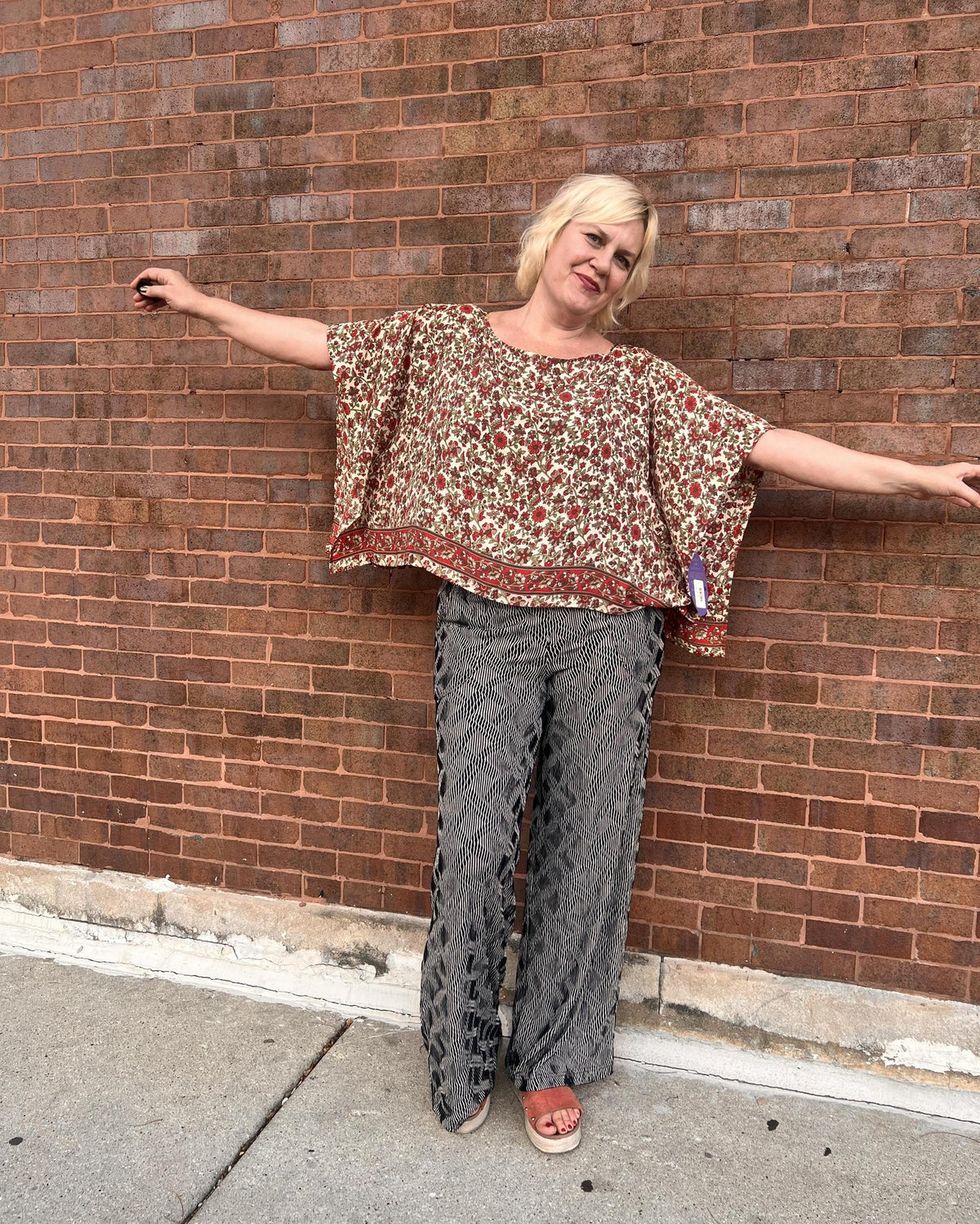 Indie Ella Tessa Flowy Silk Top in Cream with Red and Green Floral Vines Print