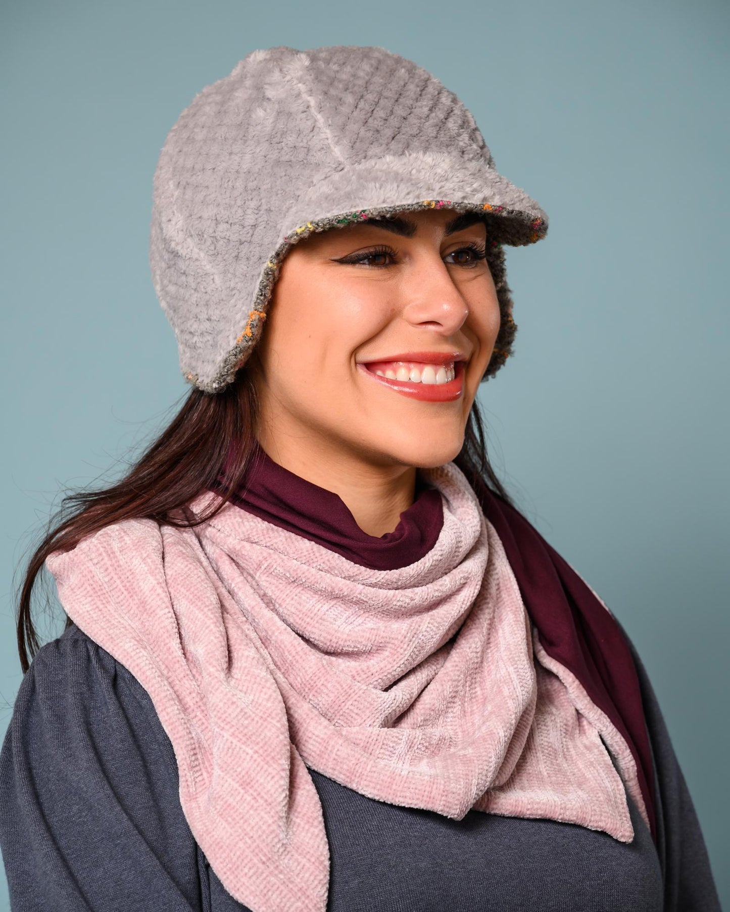 Squasht Darby Earflap Hat in Light Gray Boucle with Squiggly Pattern