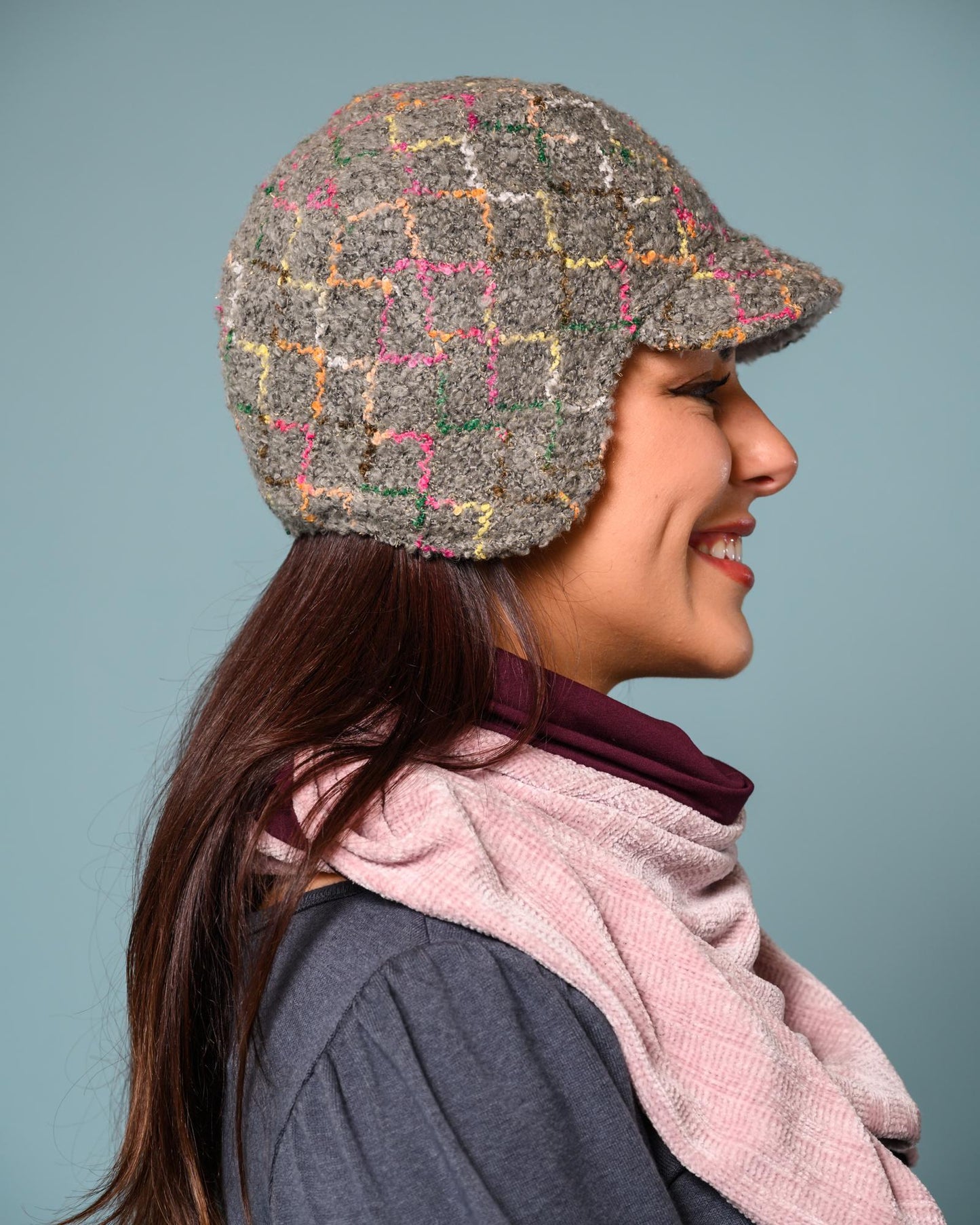 Squasht Darby Earflap Hat in Light Gray Boucle with Squiggly Pattern