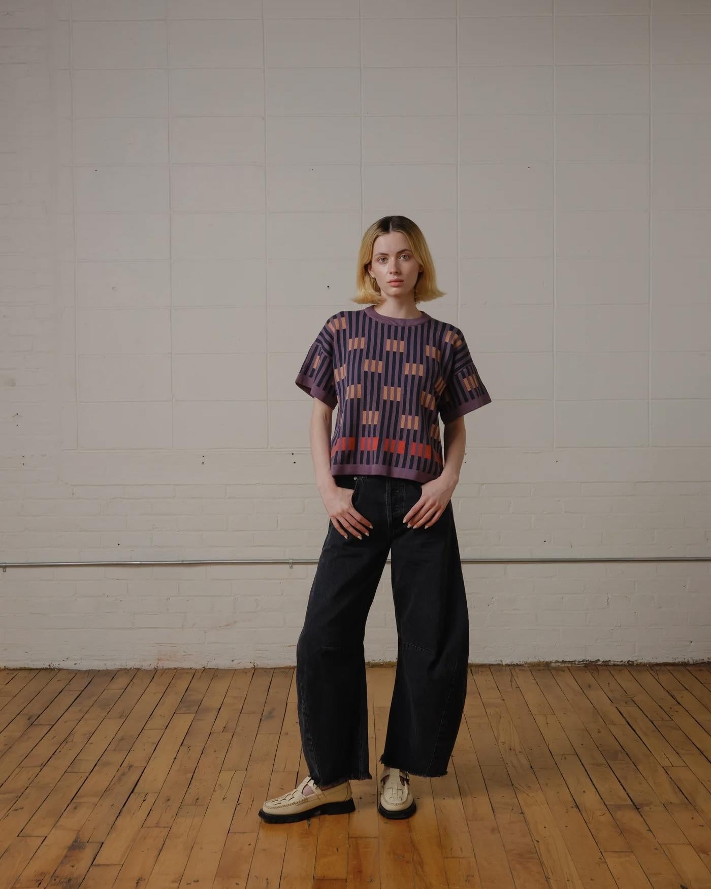 The Endery Bauhaus Short Sleeve Sweater Tee in Rhodolite (Plum/Indigo)