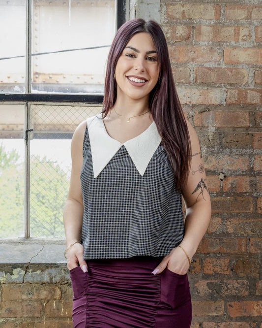 Squasht 70s Collared Tank in Black Grid Print with White Grid Collar