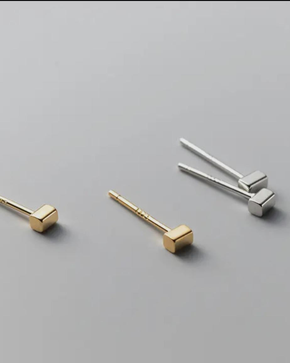 Perimade Tiny Cube Square Stud Earrings - Sterling Silver with Gold Plate