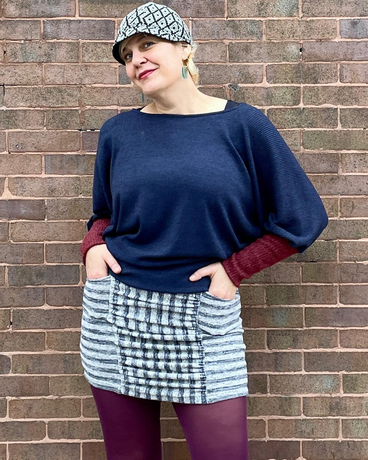 Squasht Ruched Mini Skirt In Cozy Grey & Navy Stripe Sweater Knit - SALE