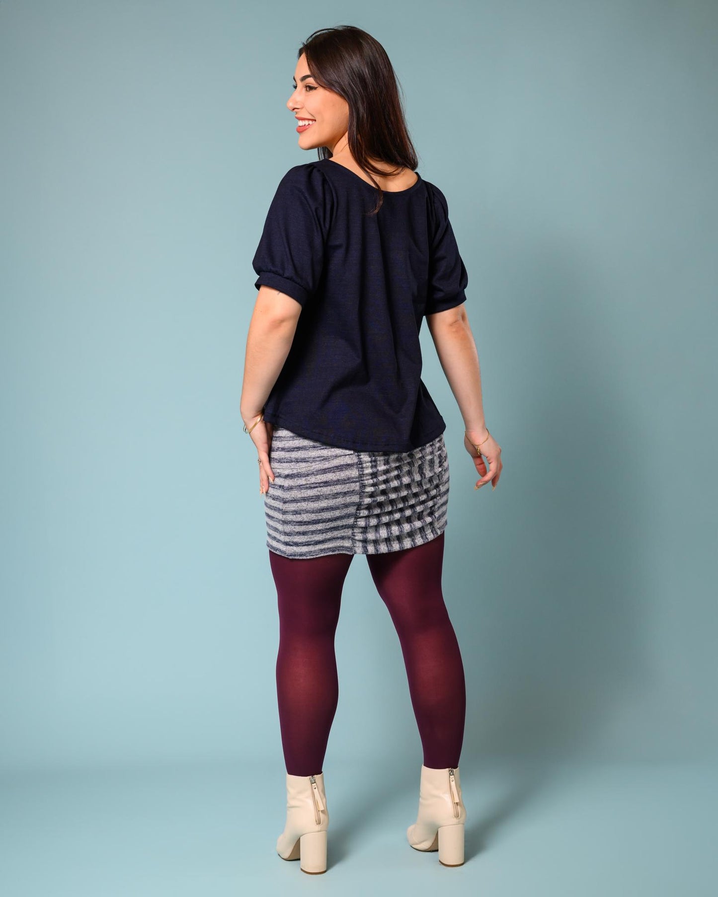 Squasht Ruched Mini Skirt In Cozy Grey & Navy Stripe Sweater Knit - SALE