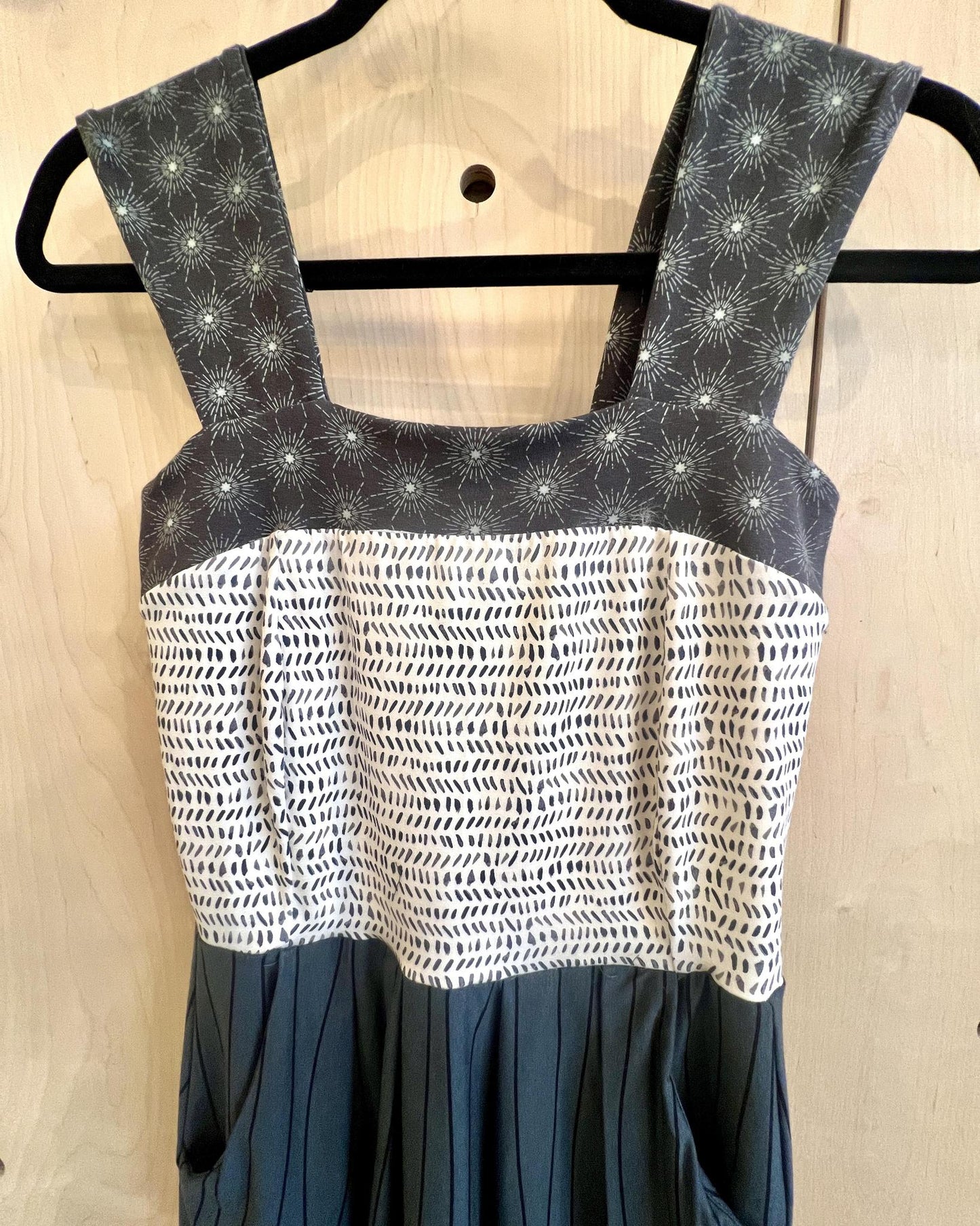 Squasht Wide Strap Dress in Cream and Gray Mixed Prints