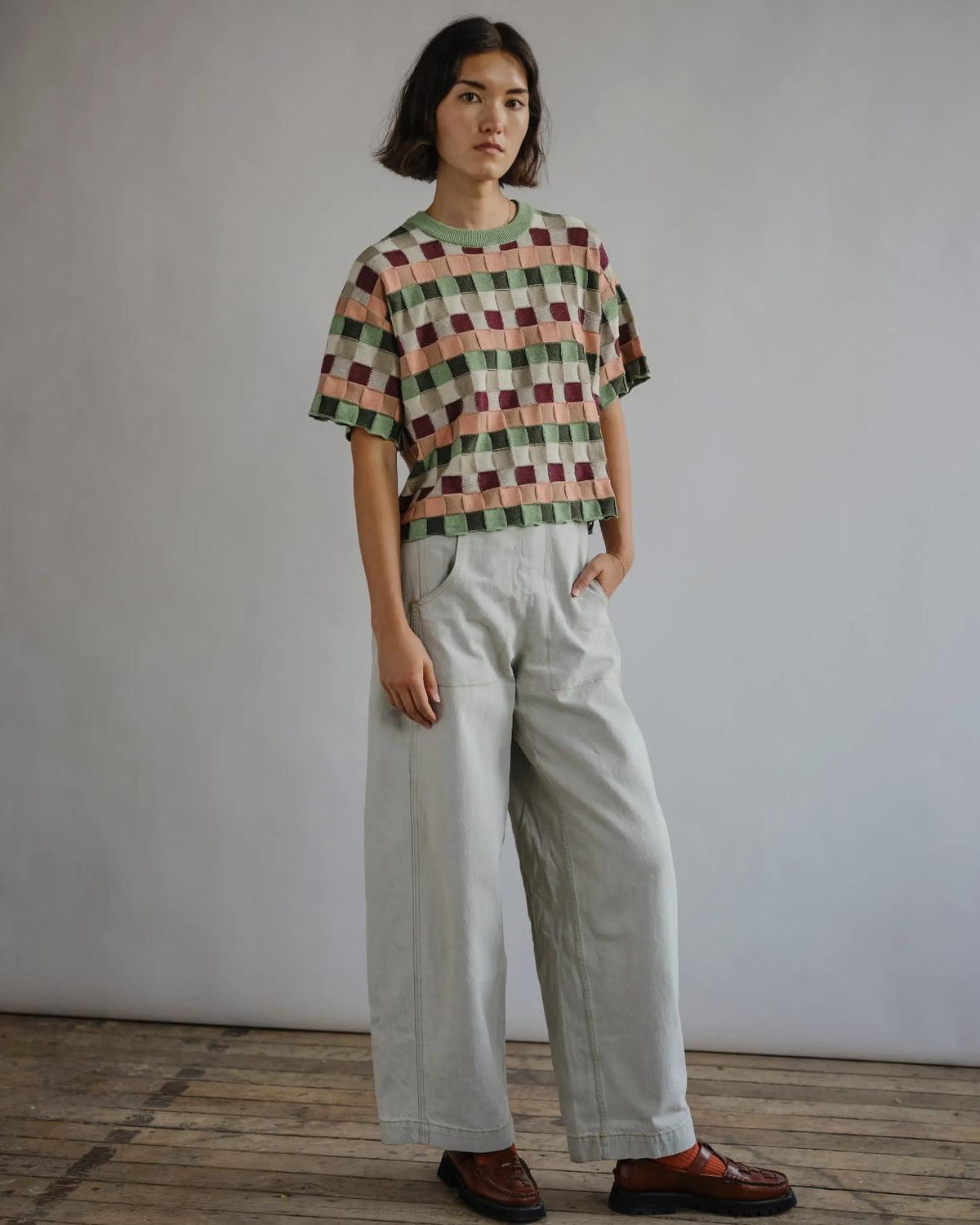 The Endery Sonia Short Sleeve Sweater Tee in Zephyr (Sage/Peach/Cream)