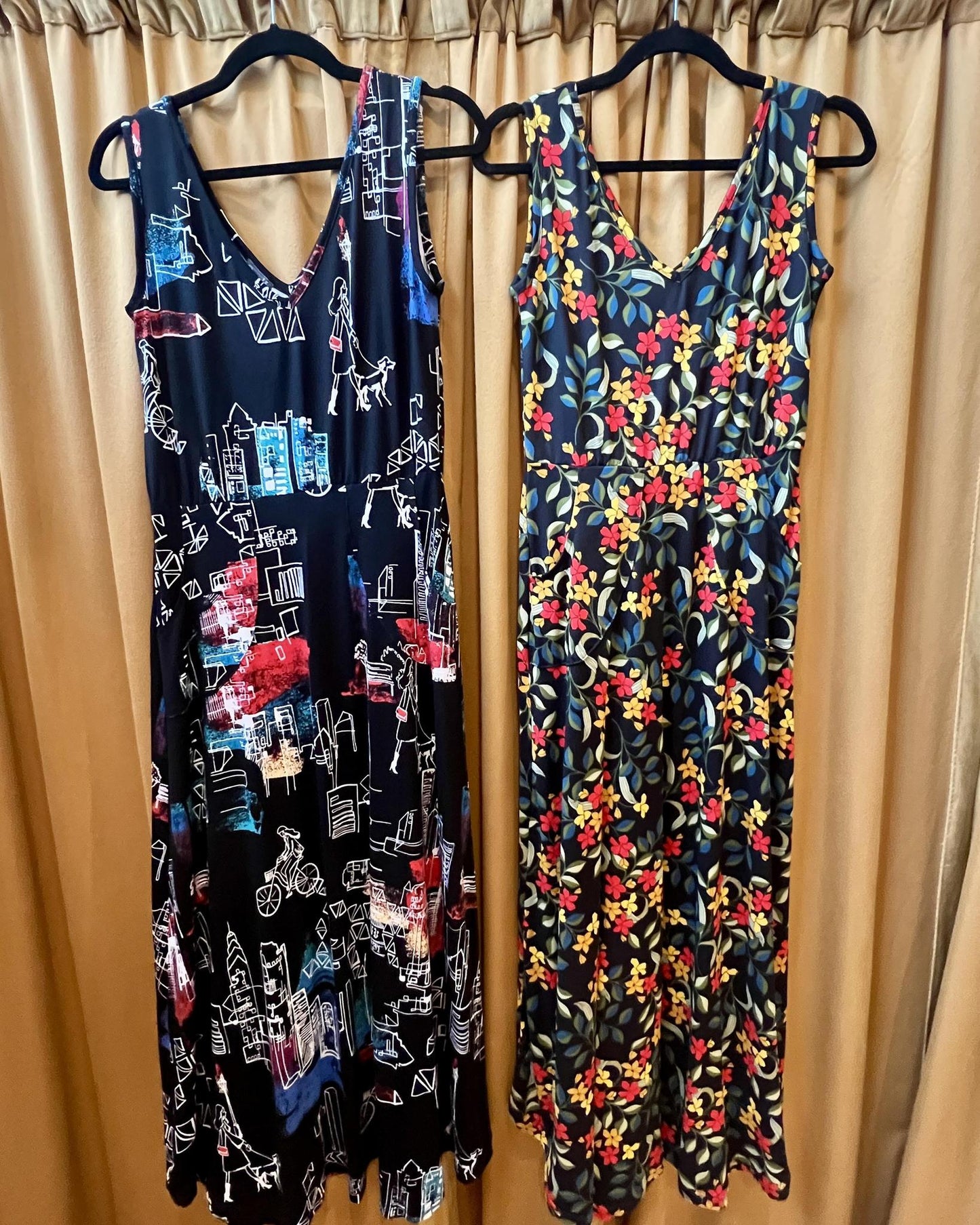 Squasht Maxi Dress Black with City Girl, Bike, and Dog Print - Size Small, Medium