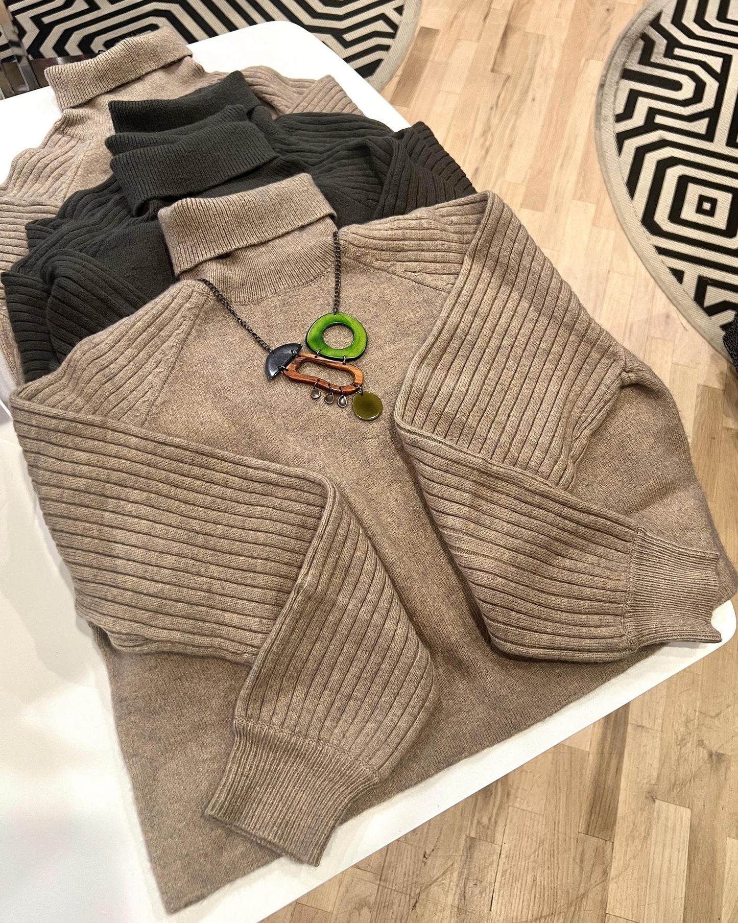 M Rena Ribbed Ragland Cropped Turtleneck Sweater in Camel