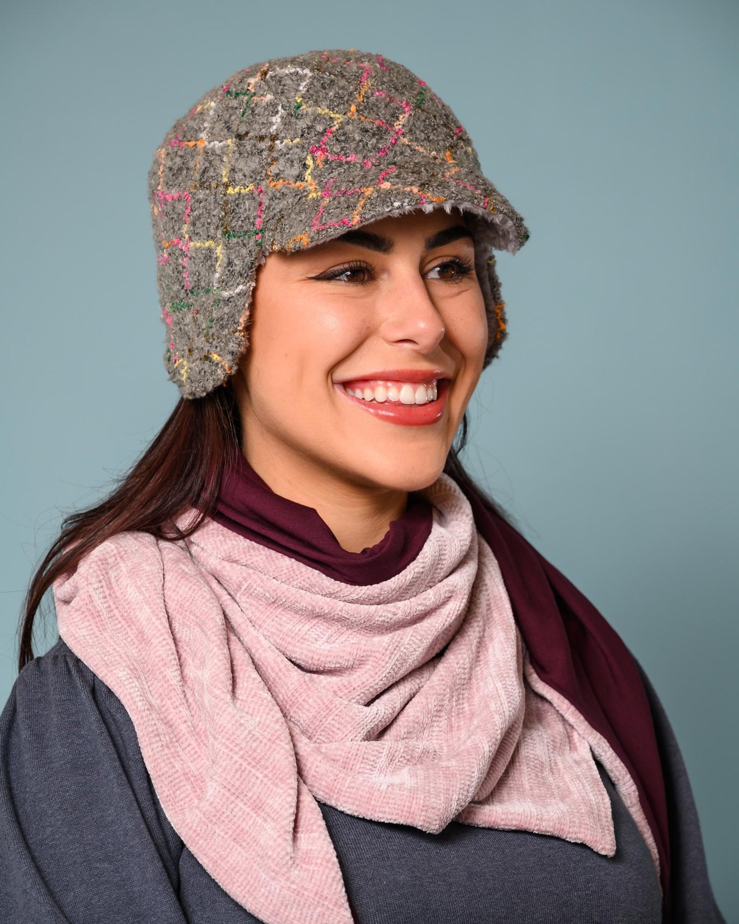 Squasht Darby Earflap Hat in Light Gray Boucle with Squiggly Pattern