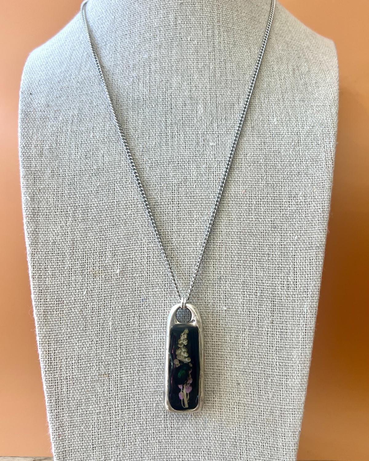 Pajaro Negro Long Silver Rectangle Beetle and Flora Pendant Necklace