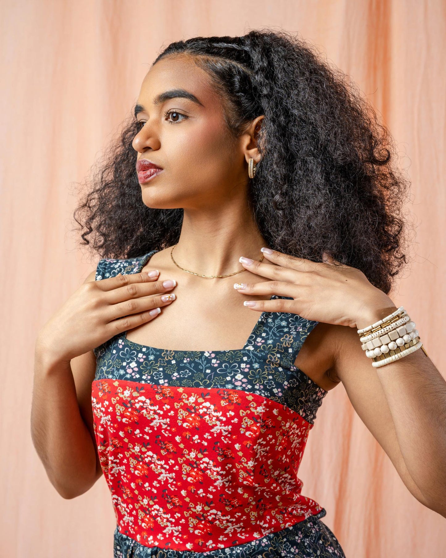 Squasht Wide Strap Dress in Scarlet and Midnight Ditsy Floral Prints