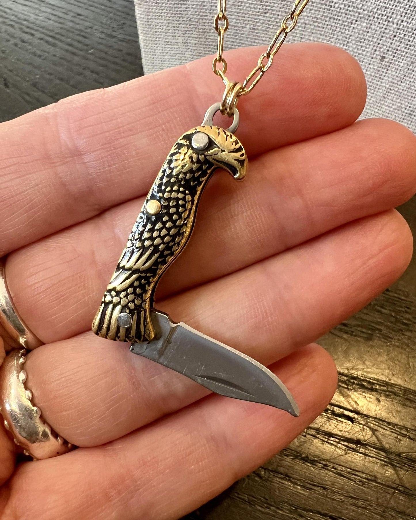1979 Jewelry Knife Necklace 1.5 inch Eagle on 24kt Gold Plated Chain